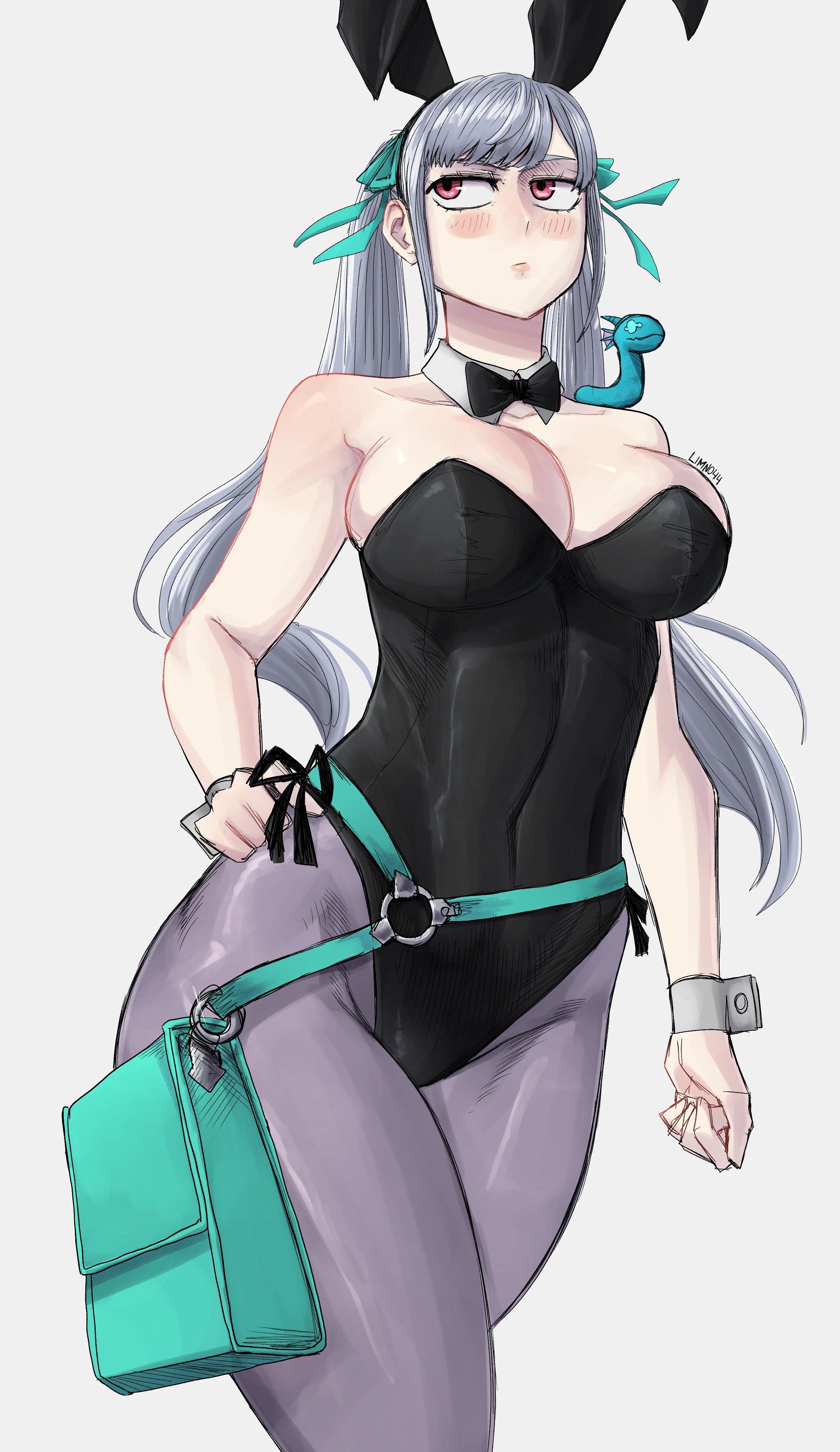 1girls, big breasts, black clover, blush, breasts, bunny ears, bunnysuit, cleavage, female, limn044, noelle silva, pink eyes, silver hair, solo, thunder thighs