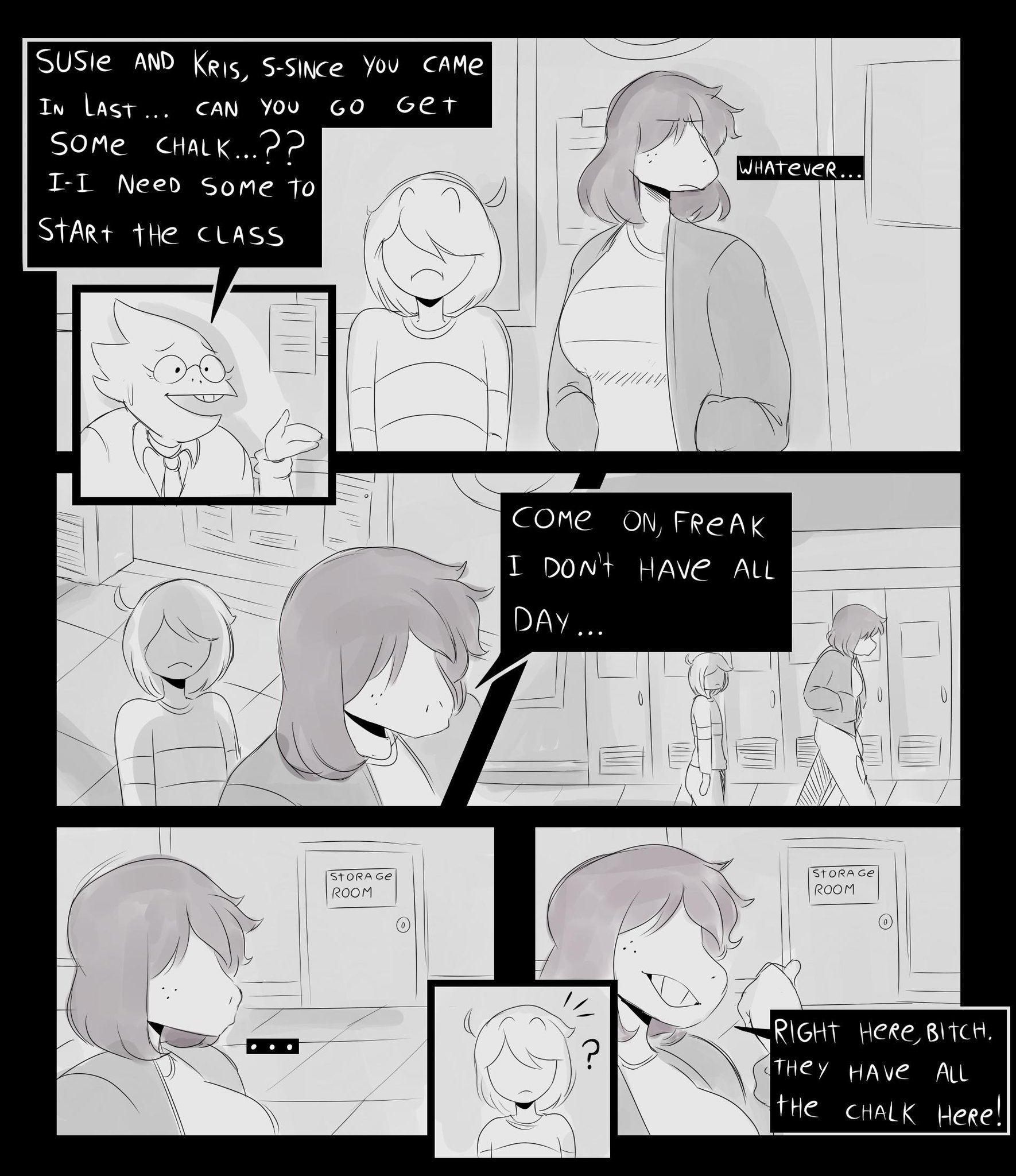 1boy, 2girls, alphys, alphys (deltarune), black and white, comic, deltarune, detnox, dialogue, female, futanari, greyscale, intersex, kris (deltarune), male, profanity, school, susie (deltarune), swear, undertale, undertale (series)