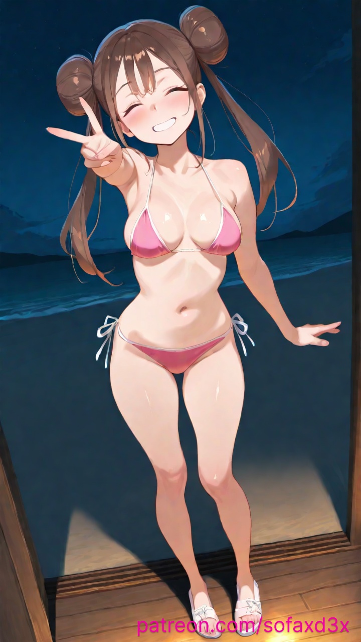 ^_^ bangs bare_legs bare_shoulders beach bikini blush breasts brown_hair closed_eyes collarbone double_bun facing_viewer female full_body grin hair_bun halterneck long_hair medium_breasts navel night ocean outdoors pink_bikini pink_bikini_bottom pink_bikini_top rosa_(pokemon) sandals side-tie_bikini_bottom sky smile sofaxd3x solo standing string_bikini swimsuit twintails v white_footwear