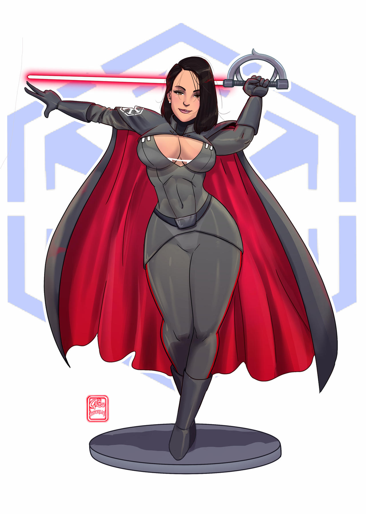 1girls big_breasts breasts cape cleavage clothed clothed_female clothes clothing dark-skinned_female dark_skin female female_only fully_clothed gabocaricaturas high_tech high_tech_sword high_tech_weapon hourglass_figure image inquisitor jedi:_fallen_order large_breasts legs lightsaber red_cape second_sister short_hair simple_background solo solo_female star_wars sword thick thick_thighs thighs tight_clothing trilla_suduri voluptuous weapon wide_hips yellow_eyes