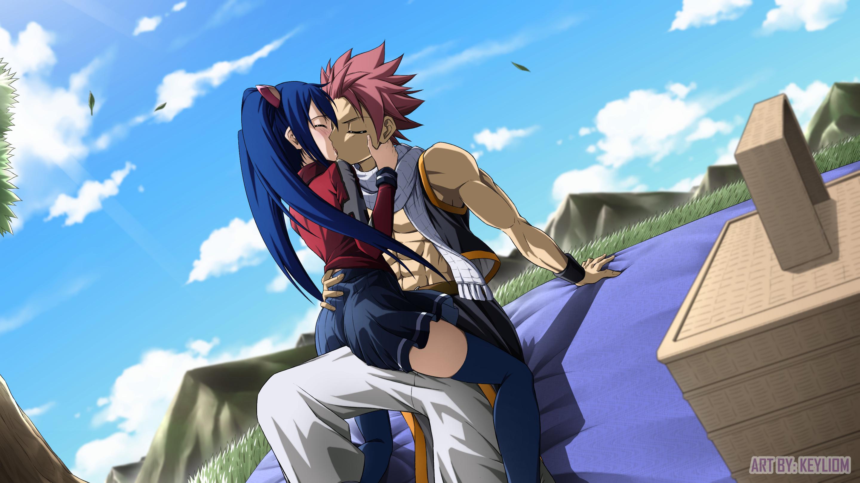 1boy, 1girls, abs, blue hair, blue-haired female, fairy tail, female, fully clothed, kissing, male, natsu dragneel, outdoors, pink hair, pink-haired male, twintails, wendy marvell, young, younger female