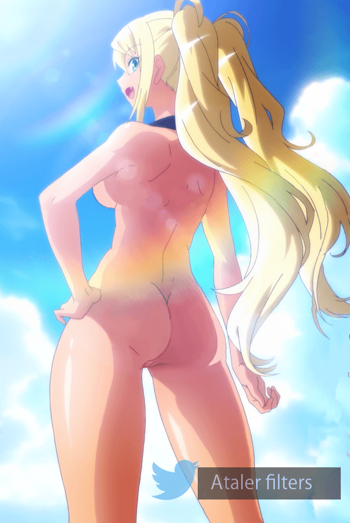 1girls, ass, atalerfilter, blonde hair, breasts, dark skin, dark-skinned female, dumbbell nan kilo moteru?, edit, female, hip grab, hips, looking at viewer, looking back, looking down, nude, nude filter, pussy, sakura hibiki, screenshot edit, sideboob, skinny dipping, tan, teeth