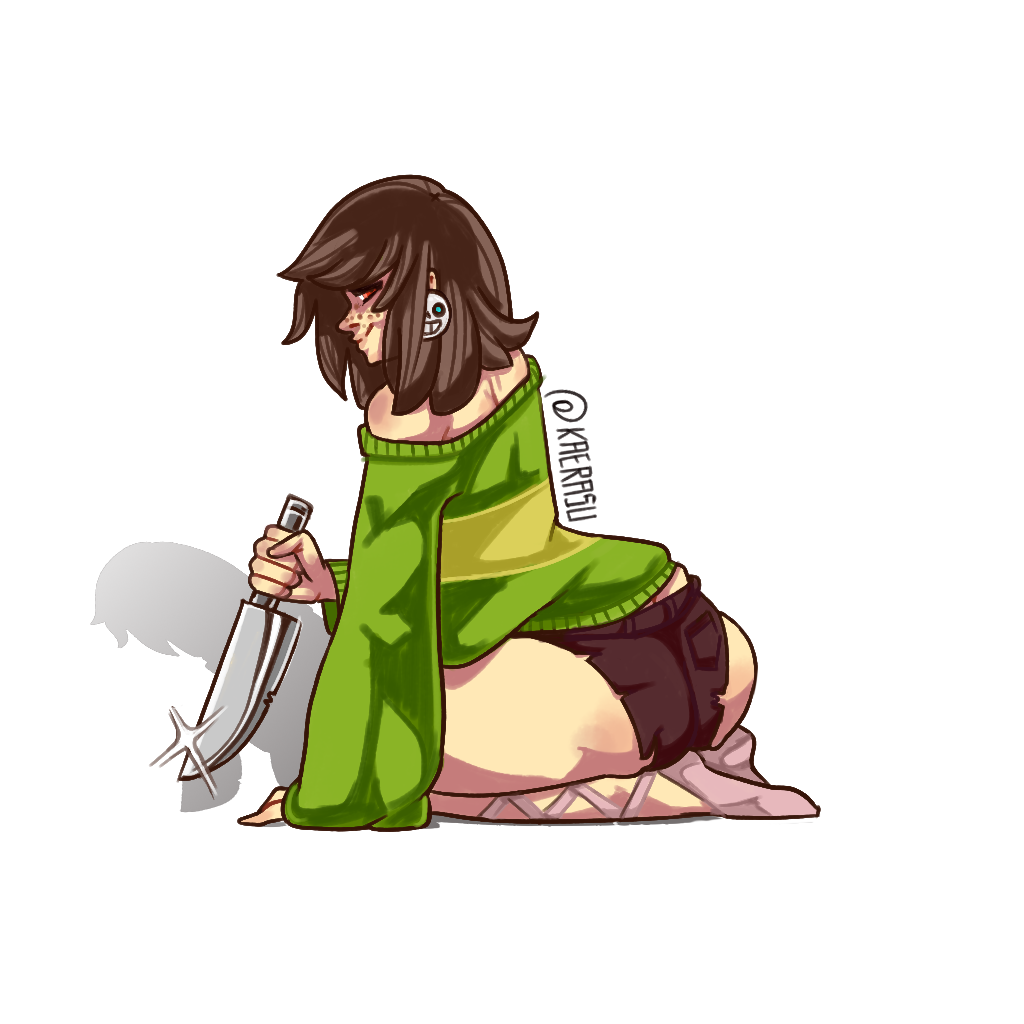 2018 ambiguous_gender ass ballerina_shoes brown_hair chara earring freckles knife looking_at_viewer menacing oversized_clothes oversized_sweater ripped_clothing ripped_shorts shadow shorts signature smile solo undertale weapon white_background