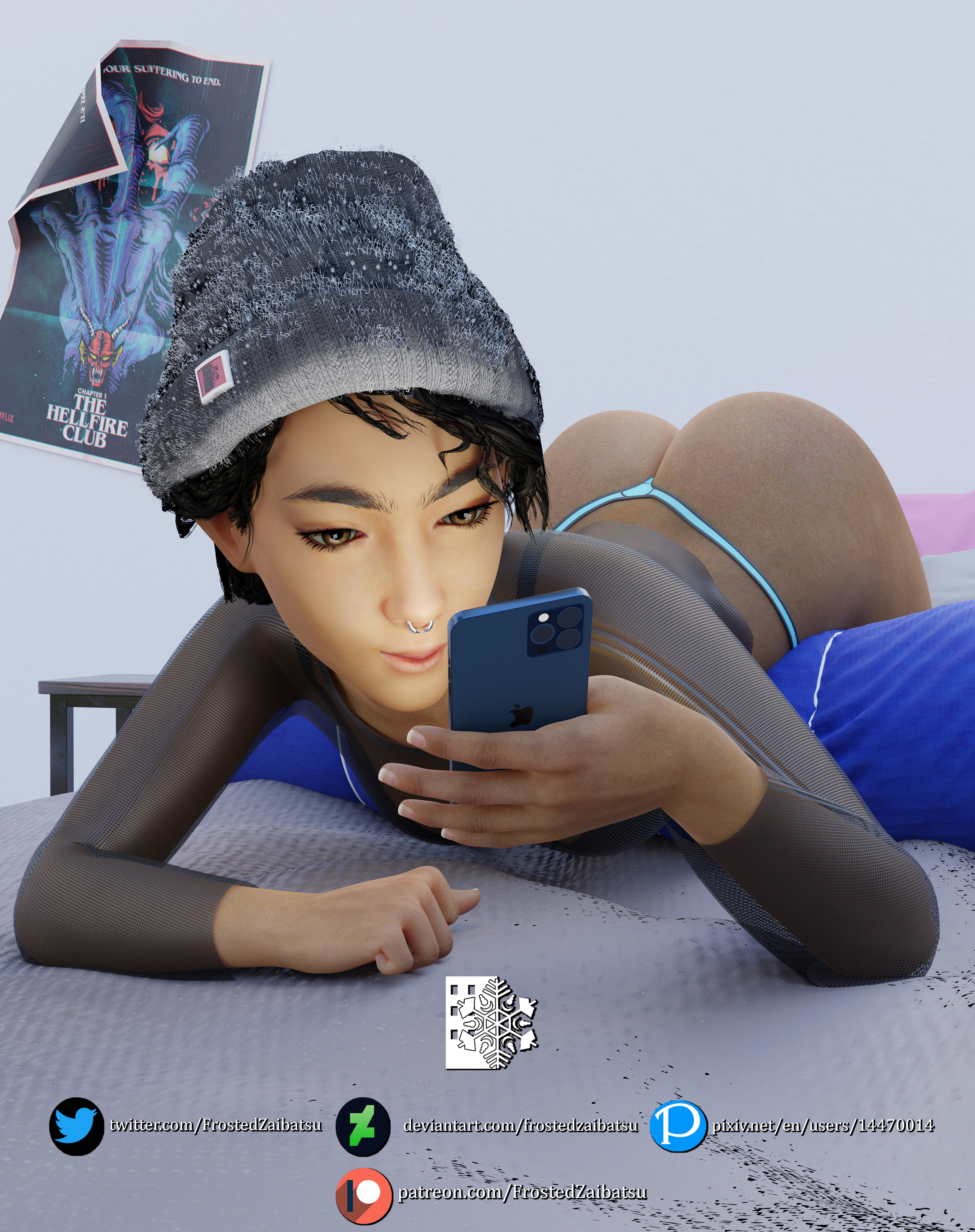 1girls, 3d, ass, beanie, bed, black hair, brown eyes, cellphone, clementine (the walking dead), female, female focus, female only, frostedzai (artist), headwear, nose piercing, nose ring, on bed, petite, poster, punk, solo female, teenage female, teenager, the walking dead, the walking dead game, thick ass, thong, tomboy
