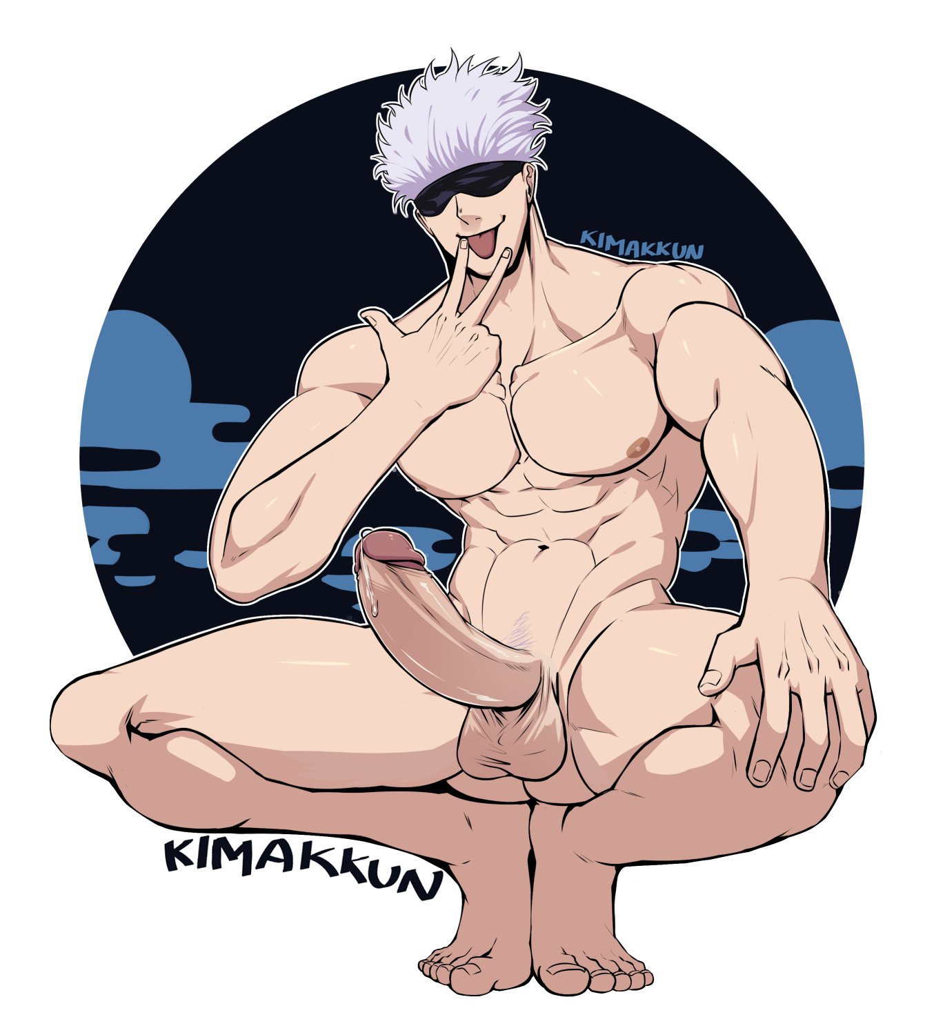1boy, abs, artist name, balls, bara, foreskin, frenulum, fully retracted foreskin, jujutsu kaisen, kimakkun, male, male only, muscular, muscular male, navel, nipples, nude, nude male, penis, retracted foreskin, satoru gojo, solo, solo male, testicles, tongue, tongue out, uncircumcised, yaoi