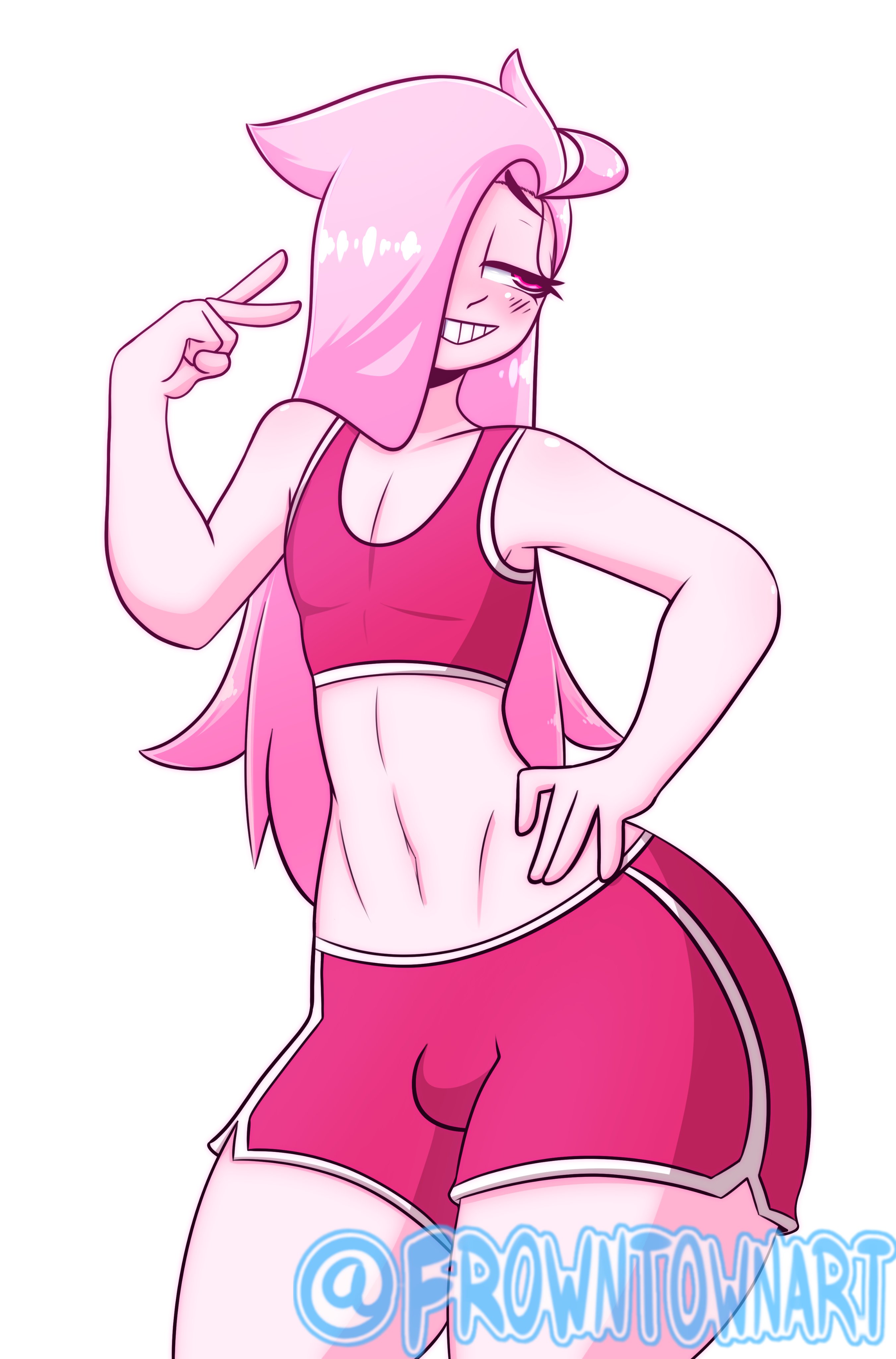 1boy, 2020, androgynous, bloomers, blush, booty shorts, bulge, femboy, flat chest, frowntown, gardevoir, gijinka, girly, half-closed eyes, huge thighs, human, humanized, light skin, light-skinned male, long hair, male, male gardevoir, male only, male pokemon, nintendo, pale skin, pale-skinned male, penis, penis bulge, pink (frowntown), pink eyes, pink hair, pink skin, pokemon, pokemon (species), pokemon rse, smile, solo, solo male, sports bra, thick thighs, thighs, trap, watermark, white background, wide hips