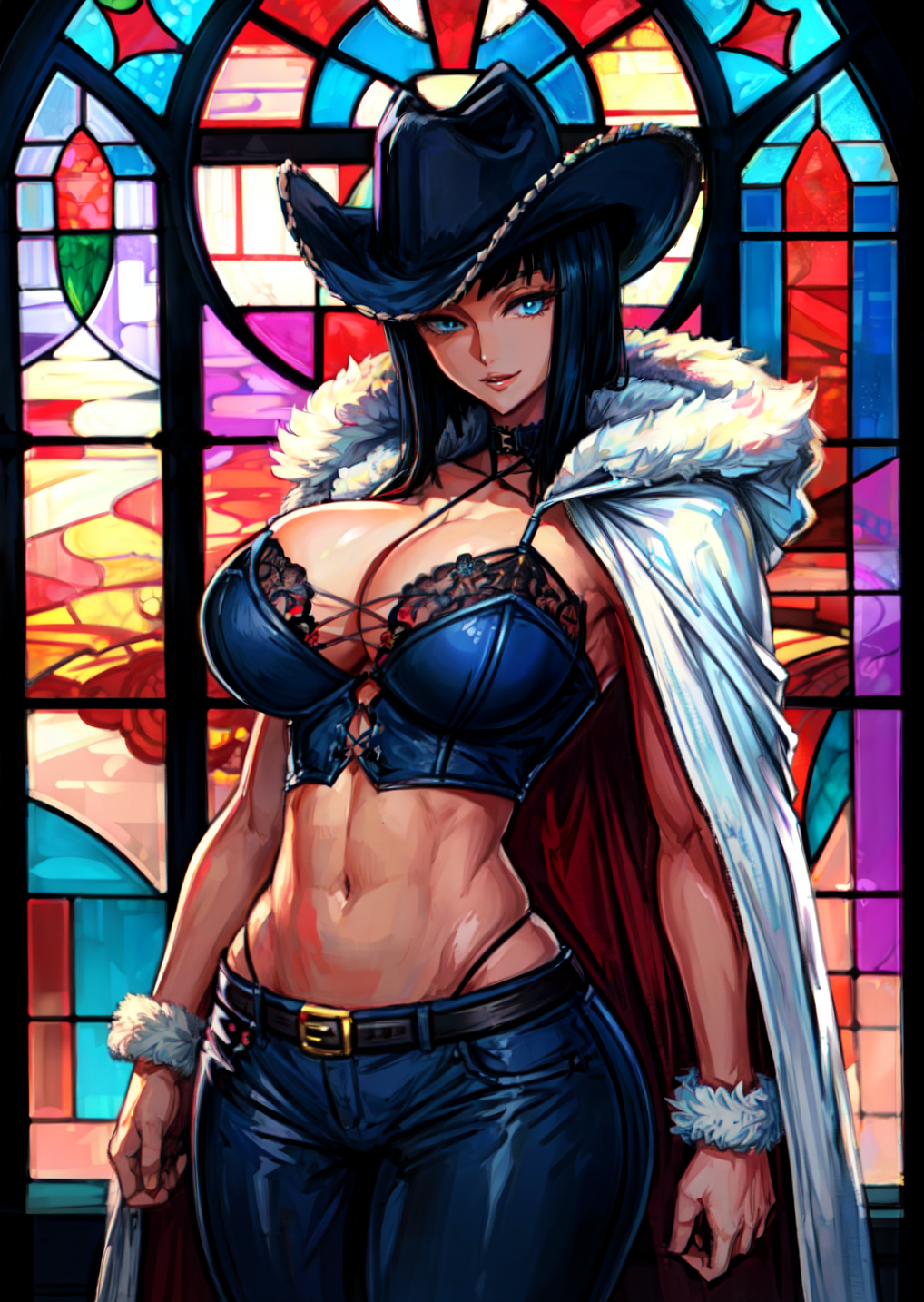 ai_generated belt black_hair blue_eyes bustier cape choker cleavage collar cowboy_hat cuffs curvaceous curvaceous_body curves curvy curvy_body curvy_female curvy_figure female female_only fit_female fur_cape hat hourglass_figure laced_corset leather_pants lipstick long_hair looking_at_viewer midriff navel nico_robin one_piece pre-timeskip smile stable_diffusion stained_glass tampopo thong_above_pants voluptuous voluptuous_female