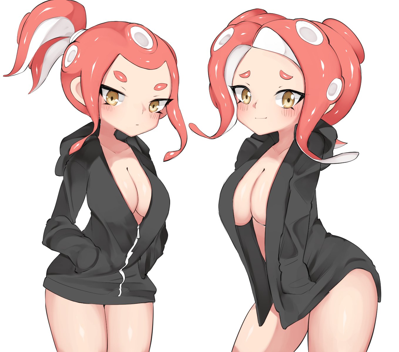 breasts, brown eyes, cleavage, female, hands in pockets, hoodie, nunswa08, octoling, red hair, splatoon, splatoon 2, thighs, twitter