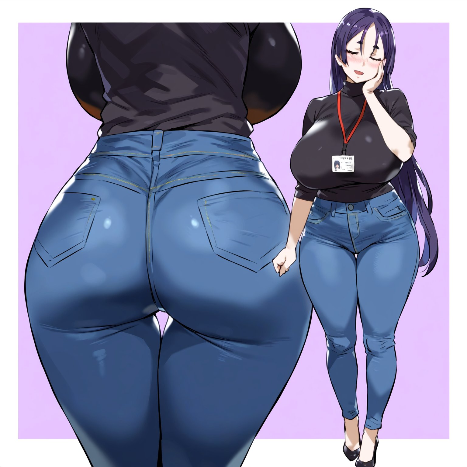 1girls, ai generated, ass, big breasts, breasts, fate (series), fate/grand order, female, full body, hourglass figure, huge ass, huge breasts, jeans, large ass, large breasts, minamoto no raikou (fate/grand order), office lady, solo, thick thighs, thighs, yamatoai