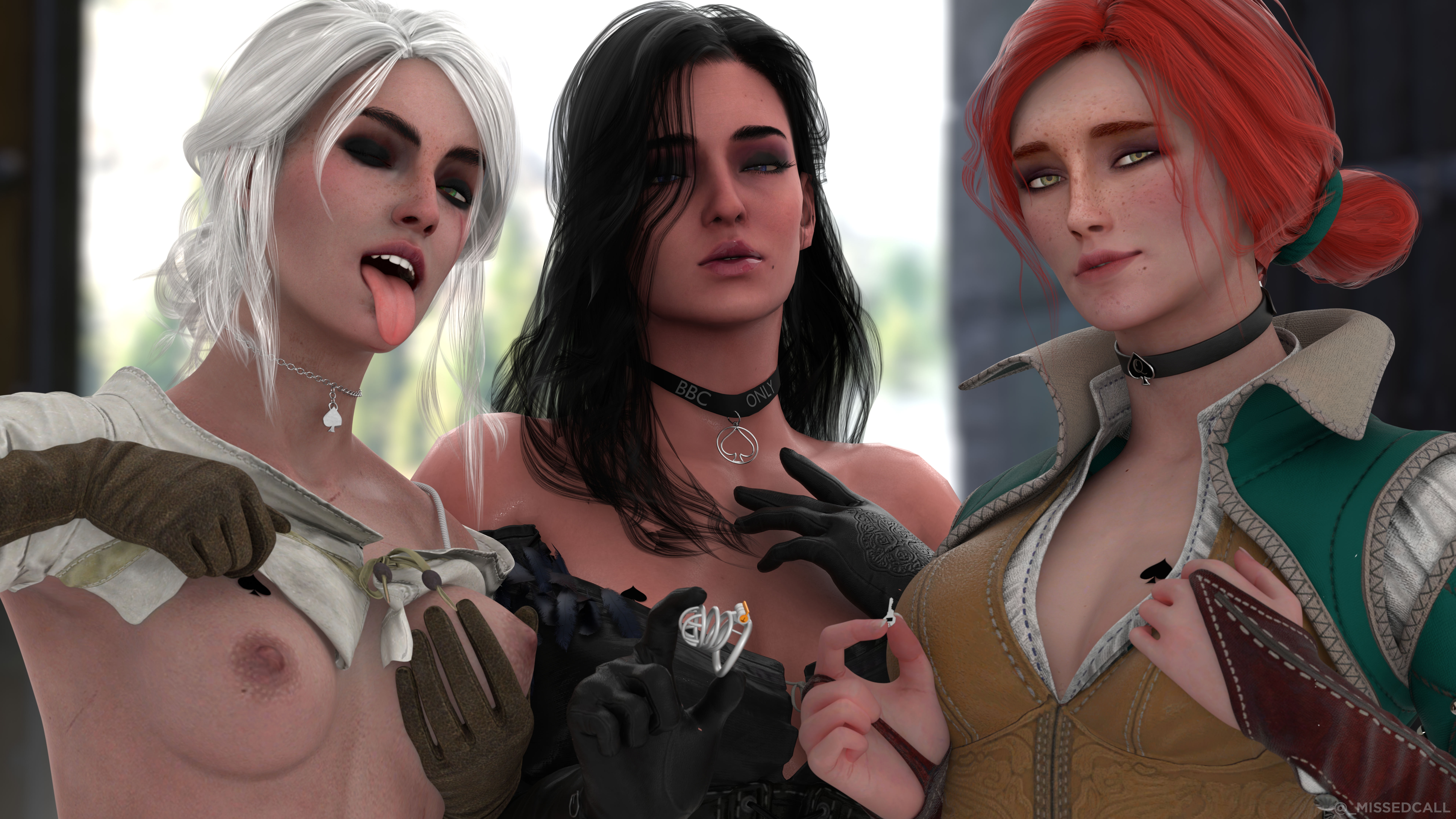 3d, 3girls, beauty mark, black gloves, black hair, breast tattoo, breasts, breasts out, brown gloves, cd projekt red, chastity cage, chastity key, choker, ciri, clothing, exposed breasts, eyeshadow, female, female only, flashing, flashing breasts, freckles, freckles on face, gloves, green eyes, group, key, leather gloves, light skin, light-skinned female, looking at viewer, makeup, missed call, multiple females, multiple girls, nipples, one eye closed, pale skin, pale-skinned female, qos, queen of spades, raceplay, red hair, small breasts, tattoo, tattoo on breast, the witcher (series), the witcher 3: wild hunt, tongue, tongue out, trio, triss merigold, twitter username, violet eyes, white hair, wink, winking at viewer, yennefer