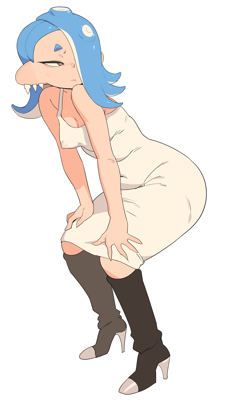 1girls, ass, blue hair, breasts, clothed, clothed female, dress, female, hair over one eye, heels, high heel boots, high heels, light skin, light-skinned female, medium breasts, medium hair, nintendo, octoling, perky breasts, red eyes, shiver (splatoon), simple background, splatoon, splatoon (series), splatoon 3, squatting, tentacle hair, thighs, yuta agc