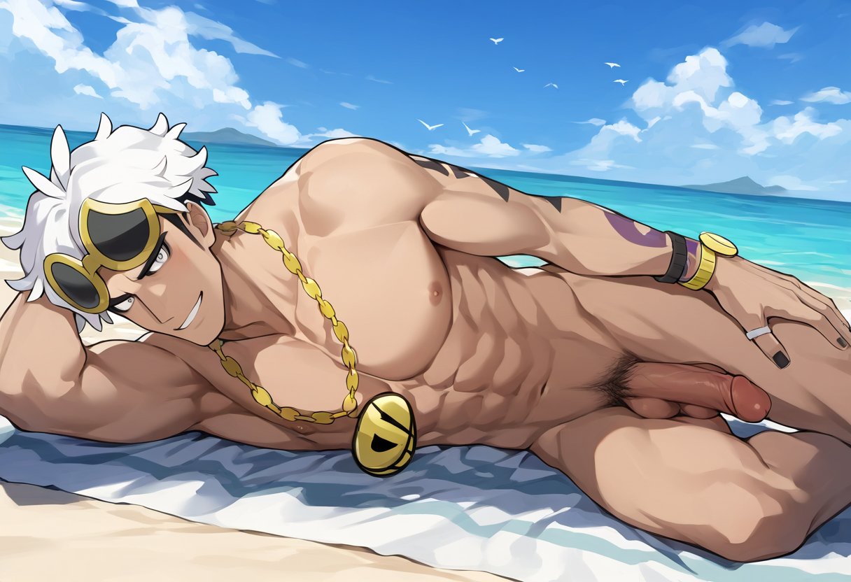 1boy abs ai_generated ai_golden_map balls beach beach_towel bracelet guzma_(pokemon) looking_at_viewer male_focus male_only muscular muscular_male naked naked_male necklace nipples novelai outdoors pecs penis pokemon pokemon_sm pubic_hair smiling soft_penis sunglasses sunglasses_on_head tagme tattoos white_hair