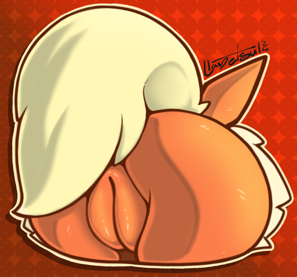 2024 anus ass butt_shot digital_media_(artwork) eeveelution faceless_character faceless_female female feral flareon generation_1_pokemon genitals llametsul nintendo pattern_background plump_labia pokemon pokemon_(species) pussy rear_view signature simple_background solo tail