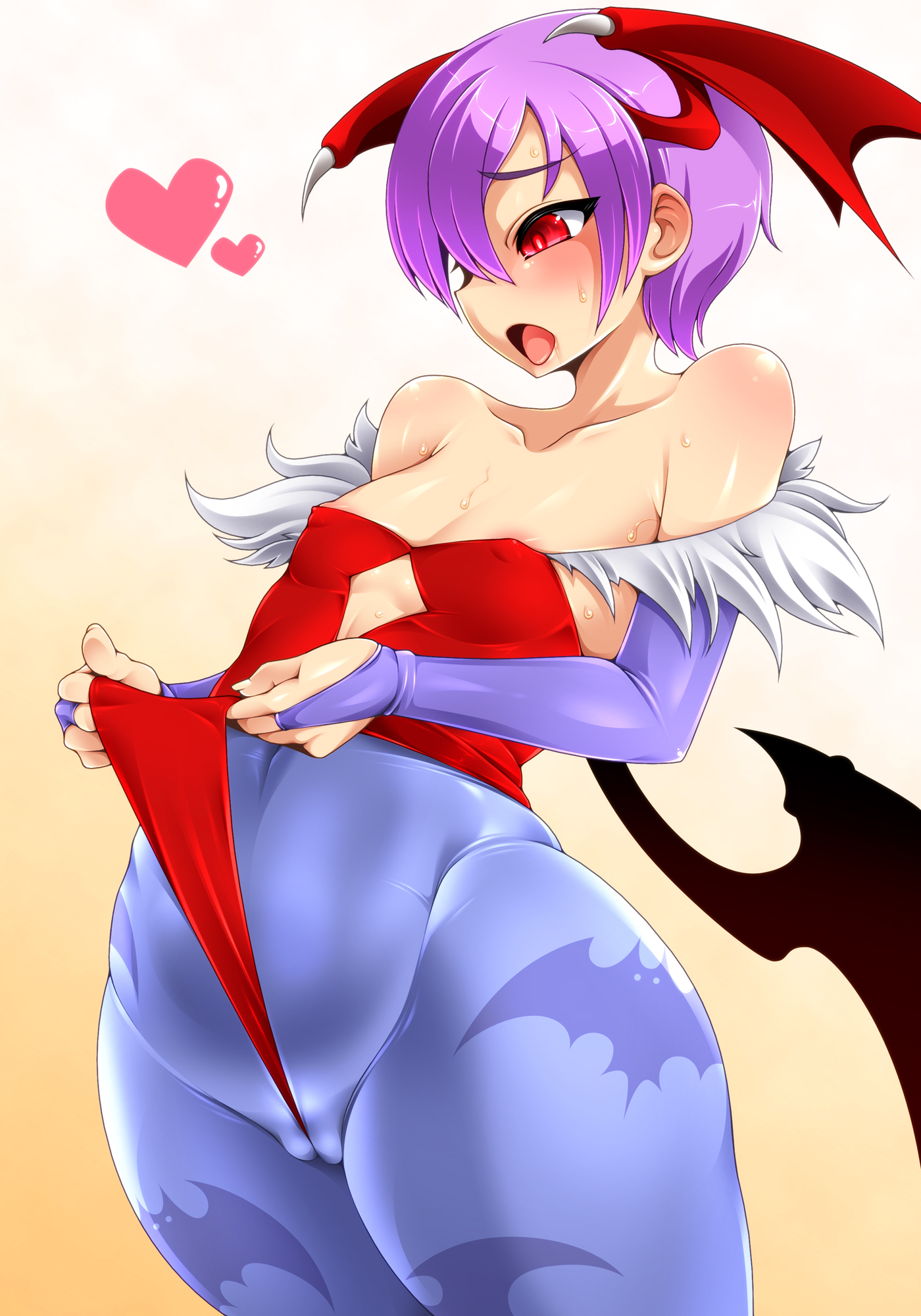 1girls, animal print, areola slip, areolae, bare shoulders, bat print, between labia, blush, breasts, bridal gauntlets, cameltoe, cleavage, clothed, clothed masturbation, clothing, darkstalkers, demon, demon girl, demon wings, erect nipples, female, female only, flat chest, half-closed eyes, head wings, heart, highres, innie pussy, leotard, leotard pull, lilith aensland, looking down, looking pleasured, masturbation, navel, nipple bulge, nipple slip, nipples, open mouth, pantyhose, purple hair, pussy, pussy floss, red eyes, saliva, short hair, small breasts, solo, standing, succubus, sweat, thick thighs, thighs, tight clothing, tights, tongue, tongue out, tst, uncensored, very short hair, wedgie, wide hips, wings