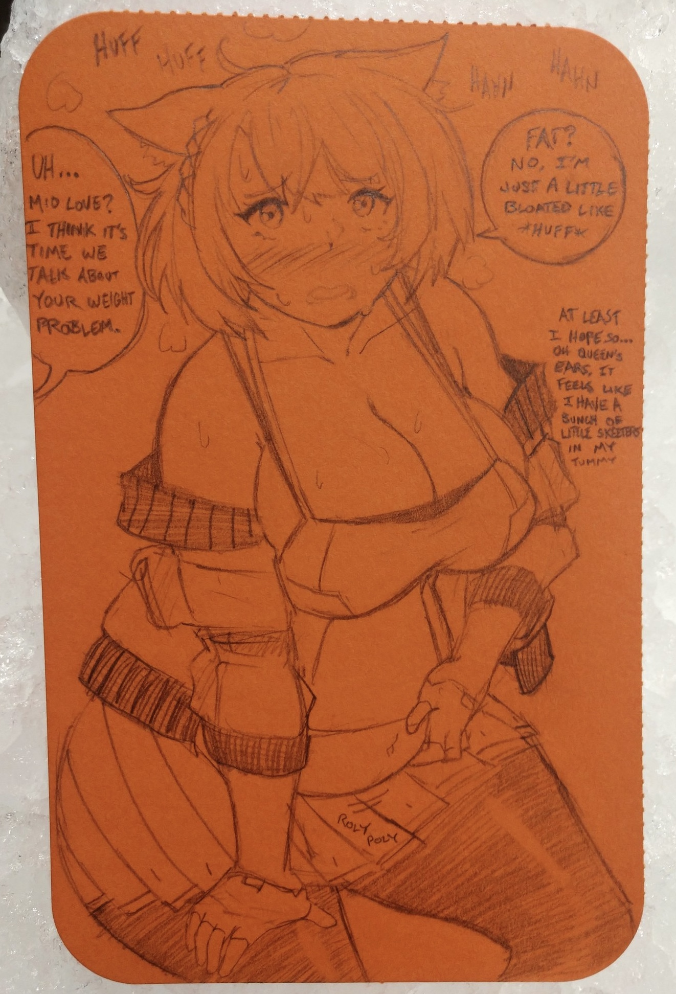 bbw, big breasts, blush, breasts, breath, cat ears, cleavage, early pregnancy, english text, female, female only, graphite (artwork), heavy breathing, mio (xenoblade), oblivious to impregnation, offscreen character, orange background, orange theme, plump, pregnancy progression, pregnant, short hair, slightly chubby, solo focus, sweat, the tits of mio, thick thighs, traditional media (artwork), xenoblade (series), xenoblade chronicles 3