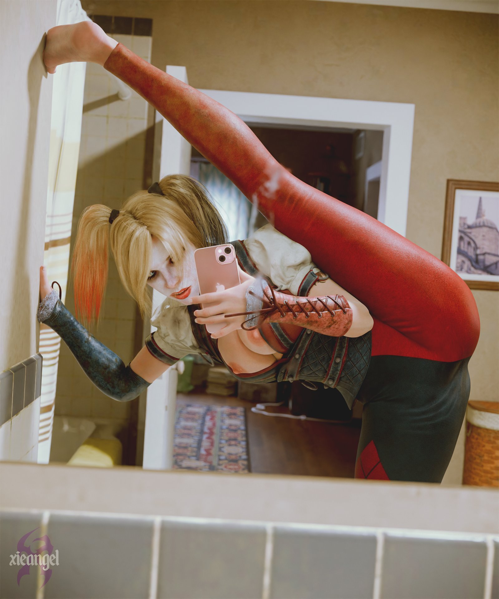 1girls, 3d, 3d (artwork), artist name, barefoot, bathroom, batman (series), batman: arkham knight, big breasts, blonde hair, breasts, dc, dc comics, female, female only, flexible, harley quinn, harley quinn (arkham knight), harley quinn (arkham), light skin, light-skinned female, mirror selfie, nipples, phone, pigtails, selfie, skin tight, smartphone, solo, spandex, taking selfie, xieangel