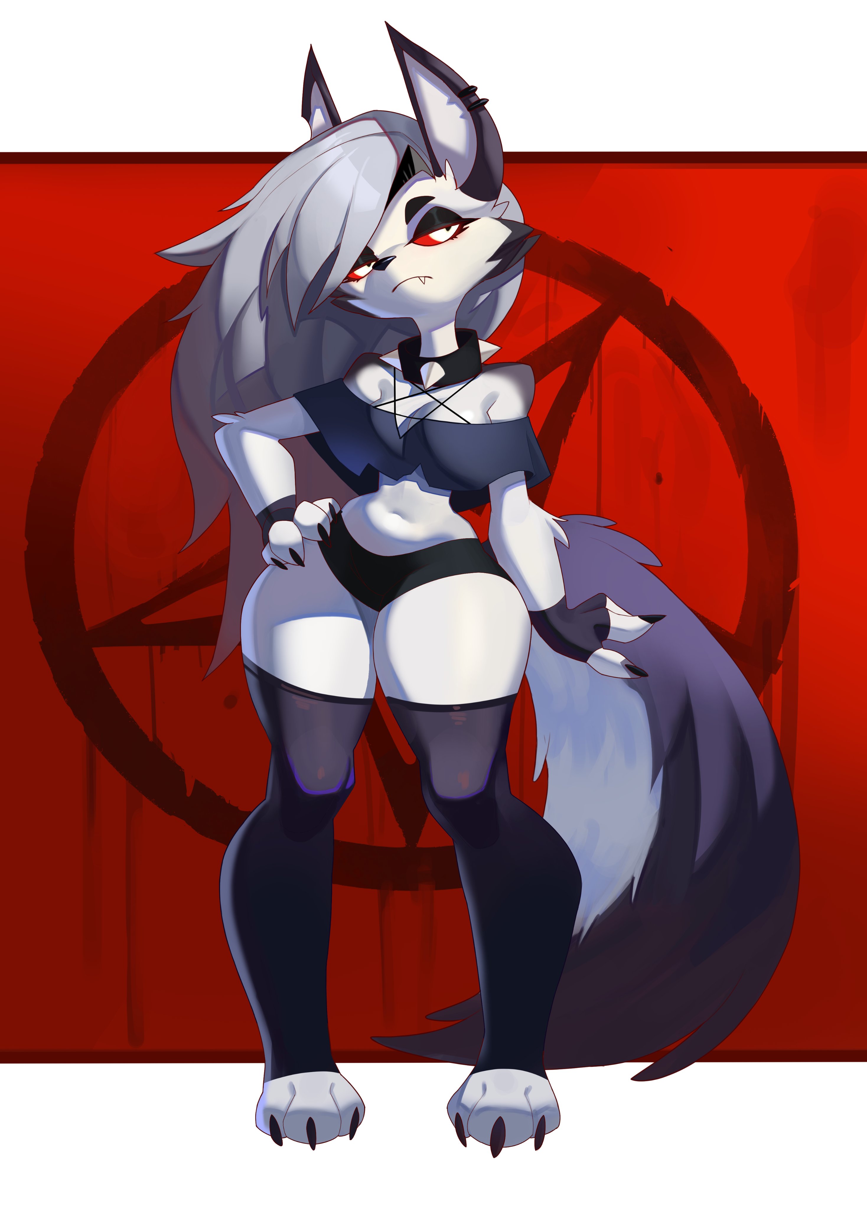 1girls, 2024, absurd res, anthro, canine, demon, earrings, female, female only, fingerless gloves, fur, furry, grey hair, hand on hip, hellhound, helluva boss, long hair, looking away, loona (helluva boss), minishorts, narrowed eyes, red sclera, roxy thefoxy, solo, spiked collar, thick thighs, thighhighs, topwear, white eyes