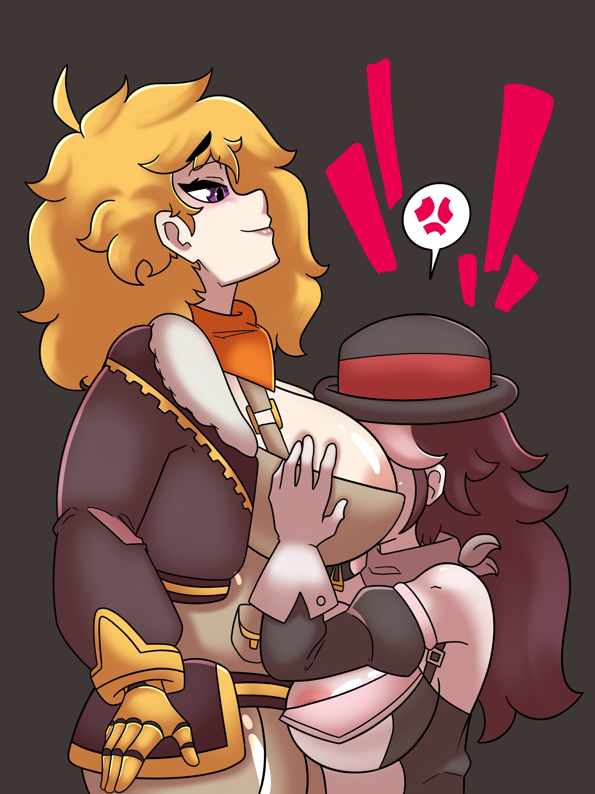 angry, areola slip, big breasts, blonde hair, breast smother, breast squeeze, breasts, clothing, female, hat, marshmallow hell, motorboating, multicolored hair, neo (rwby), owl pie, prosthetic, prosthetic arm, purple eyes, robotic arm, rwby, size difference, yang xiao long, yuri
