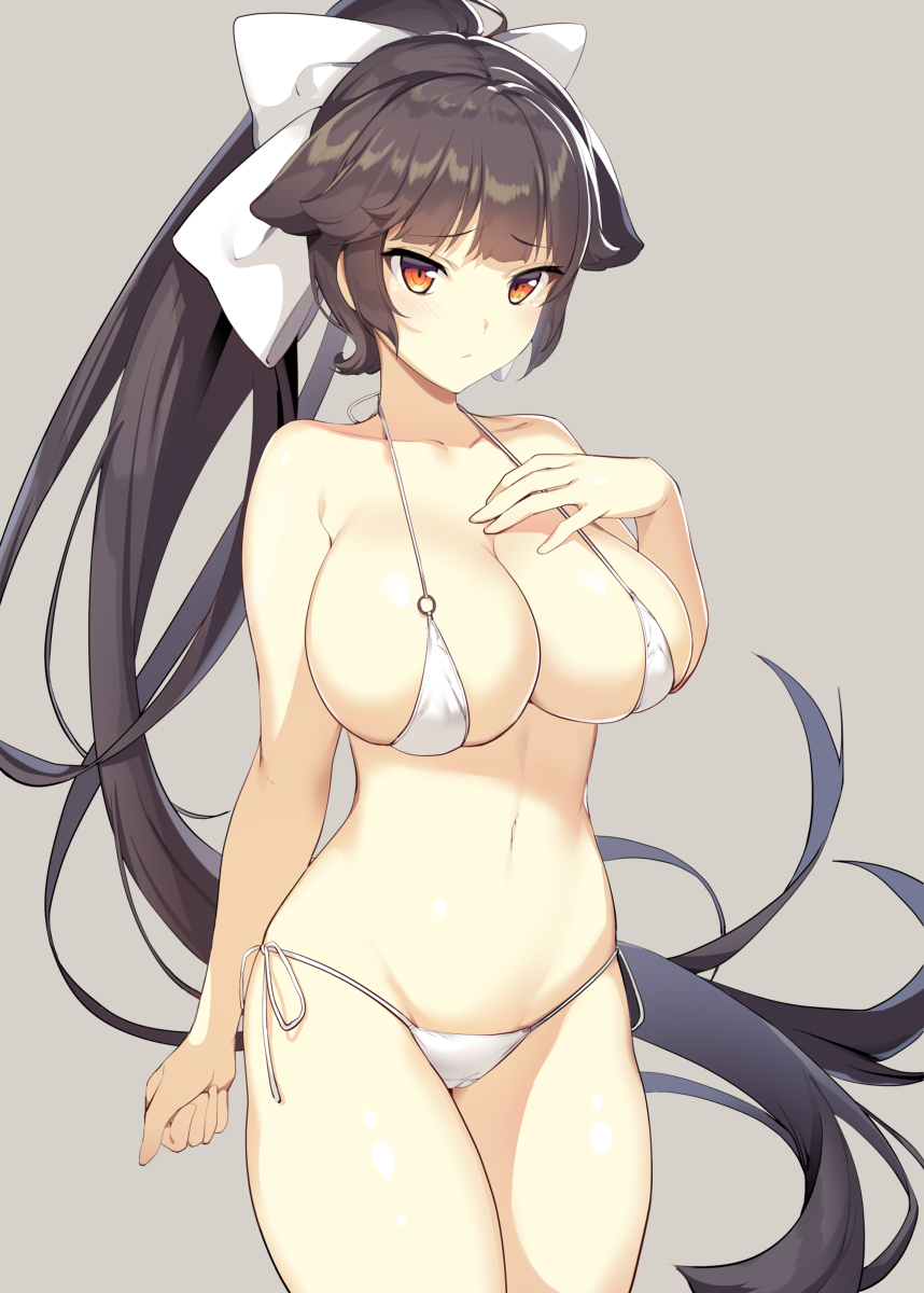 1girls, azur lane, black hair, female, female only, solo, takao (azur lane), takao (beach rhapsody) (azur lane), white bikini, white swimsuit, yellow eyes