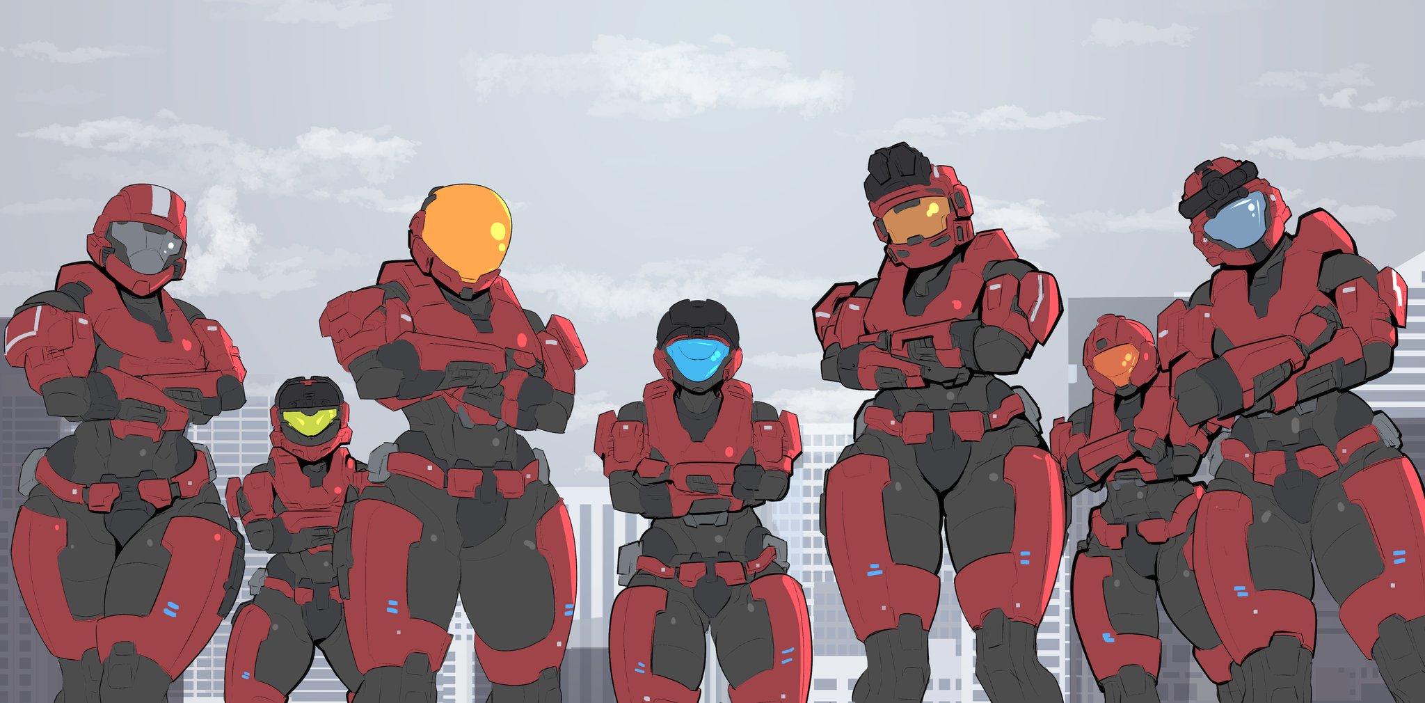 2020s, 2024, 2d, 2d (artwork), 7girls, armor, armored, armored female, arms crossed, big thighs, female, female focus, female only, halo (series), helmet, hi res, highres, hips, human, large thighs, looking at viewer, mask, masked, masked female, multiple females, multiple girls, power armor, slim waist, spartan (halo), spartandoodles, thick thighs, thighs, wide hips
