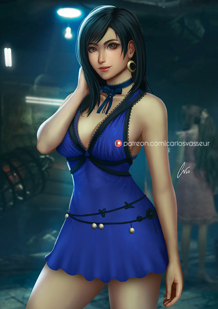 big_breasts brown_hair carlosvasseur cleavage clothing dress female female_only final_fantasy final_fantasy_vii geravass long_hair red_eyes solo solo_female solo_focus square_enix tifa_lockhart