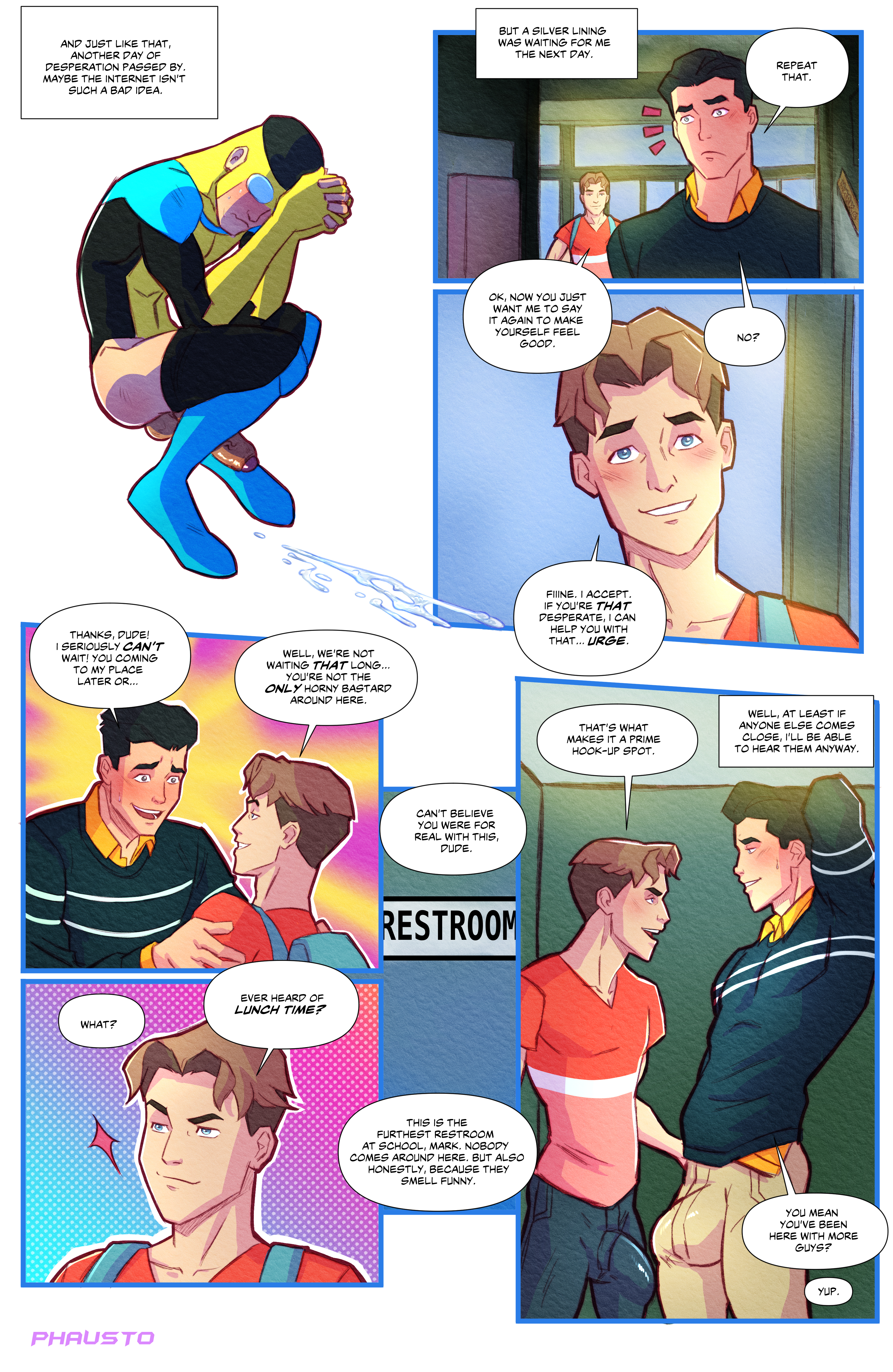 2boys, comic, dialogue, english text, foreskin, gay, imminent oral, invincible, male, male only, male/male, mark grayson, partially retracted foreskin, penis, phausto, retracted foreskin, uncircumcised, william clockwell, yaoi