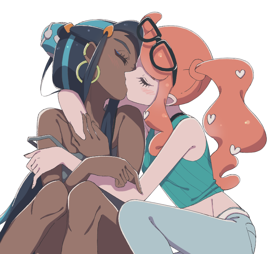 2girls, breasts, chocolate and vanilla, closed eyes, clothed, cute, dark skin, dark-skinned female, etyaduke, female, female only, glasses on head, human, interracial, interracial yuri, kiss, kissing, lesbian, nessa (pokemon), nintendo, pokemon, pokemon ss, romantic, small breasts, sonia (pokemon), source request, wholesome, yuri