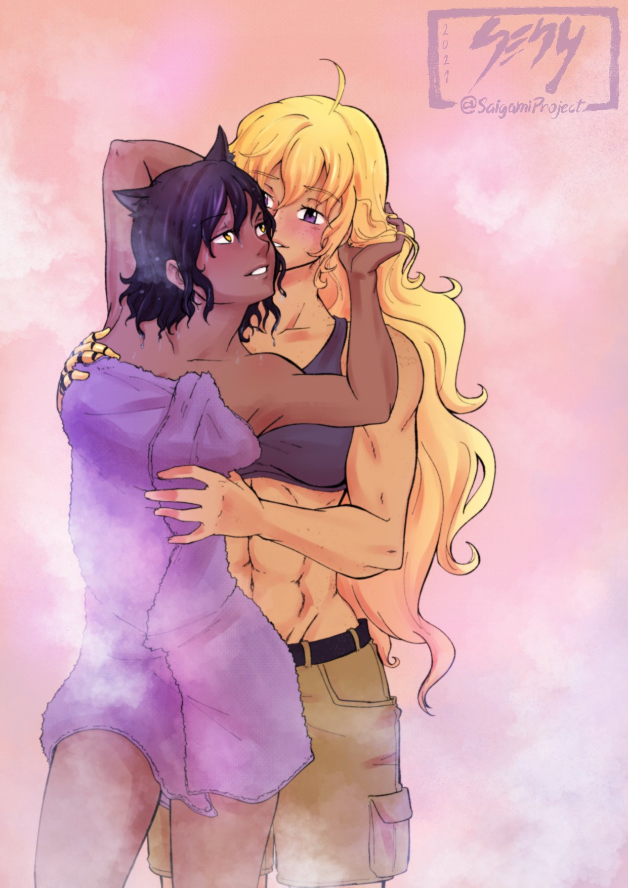 2girls abs bath_towel black_hair blake_belladonna blonde_hair canon_couple cat_ears catgirl dark-skinned_female dark_skin gold_eyes interracial interracial_yuri interspecies interspecies_relationship lavender_eyes mechanical_arm muscular muscular_arms muscular_female prosthetic_arm purple_bra rwby saigamiproject yang_xiao_long yuri