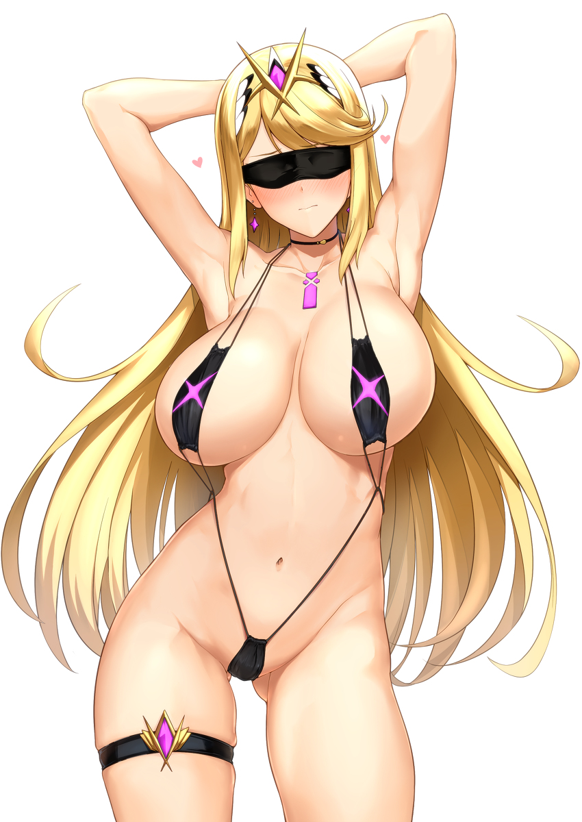 1girls armpits arms_above_head arms_behind_head arms_up barely_clothed blindfold blonde_hair blush choker ear_piercing earrings female gem hair_ornament halcon hands_behind_head harukon_(halcon) hikari_(xenoblade_2) huge_breasts jewel long_hair micro_bikini mythra navel nintendo partially_clothed piercing sling_bikini swimsuit thigh_band thigh_gap tiara very_long_hair xenoblade_(series) xenoblade_chronicles_2