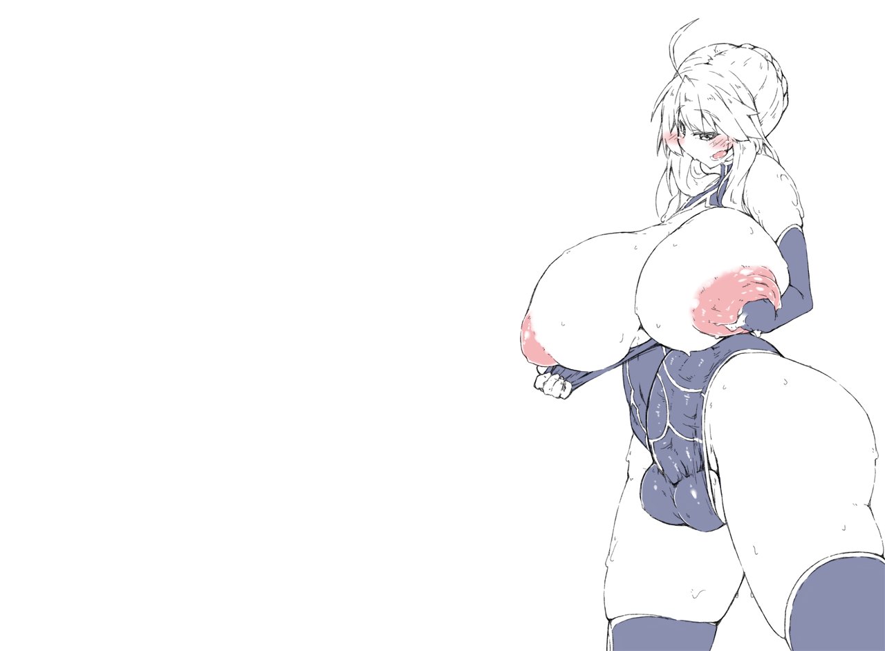 artoria pendragon, artoria pendragon (lancer), balls, big balls, big penis, blush, breasts, fate (series), fate/grand order, futa only, futanari, hair bun, huge breasts, intersex, kanon (148bpm), leotard, nipple penetration, nipples, penis, selective color, sweatdrop, thick thighs, thighhighs