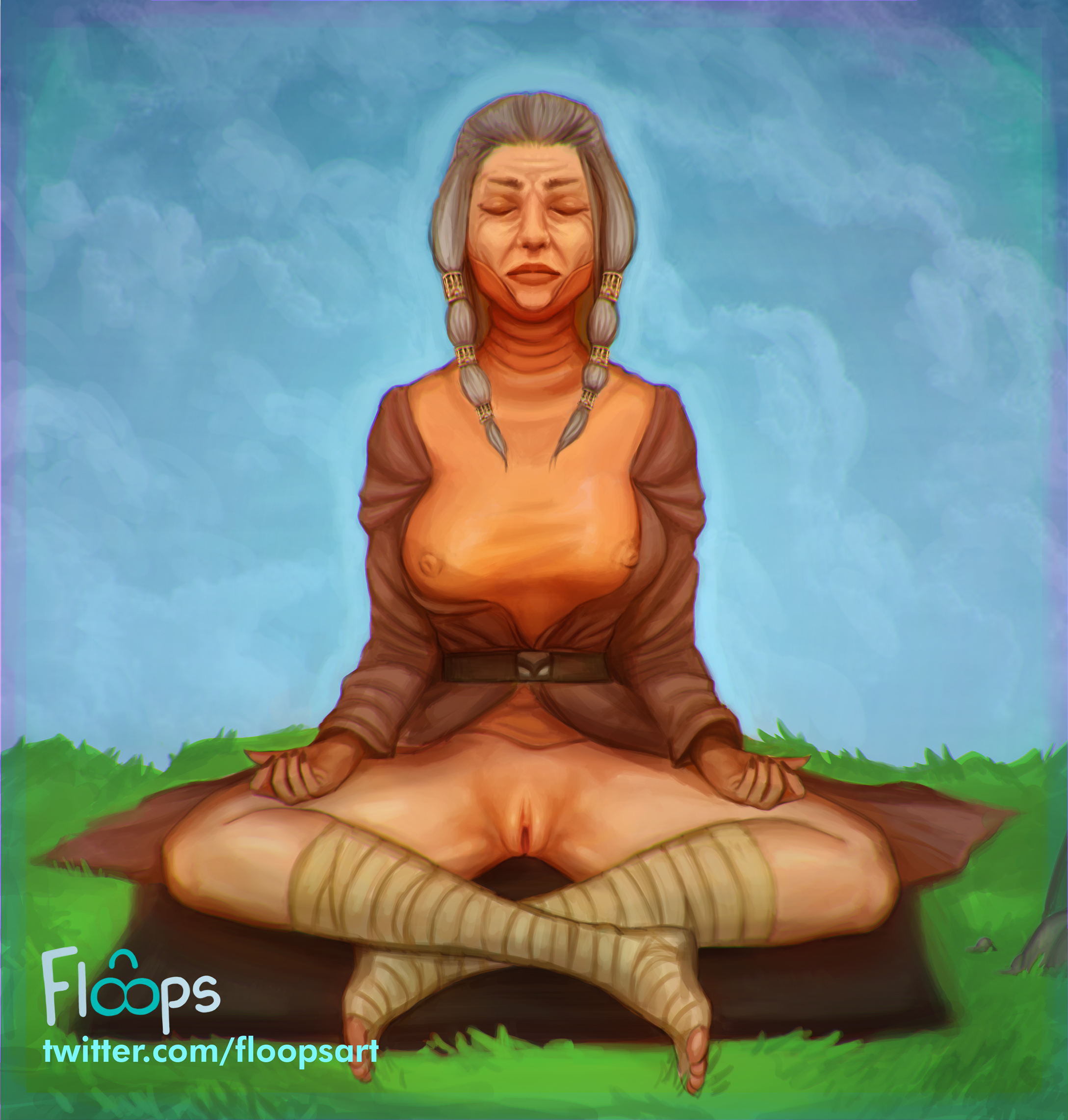 1girls, 2d, bottomless, breasts, closed eyes, female, female only, floops (artist), front view, full body, gilf, knights of the old republic (series), knights of the old republic 2, kreia, mature female, meditating, meditation, presenting, pussy, robe, sitting, solo female, star wars, tight clothing, video game