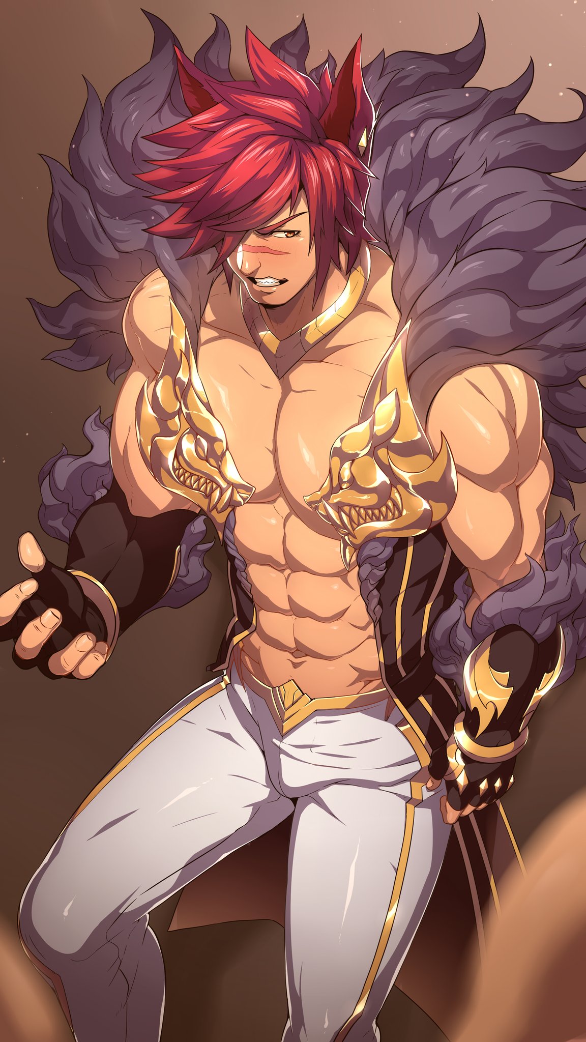 1boy, abs, bara, biceps, league of legends, male, male only, mazjojo, muscles, muscular, muscular male, pecs, red hair, sett, sharp teeth, solo, solo male, vastaya, yaoi