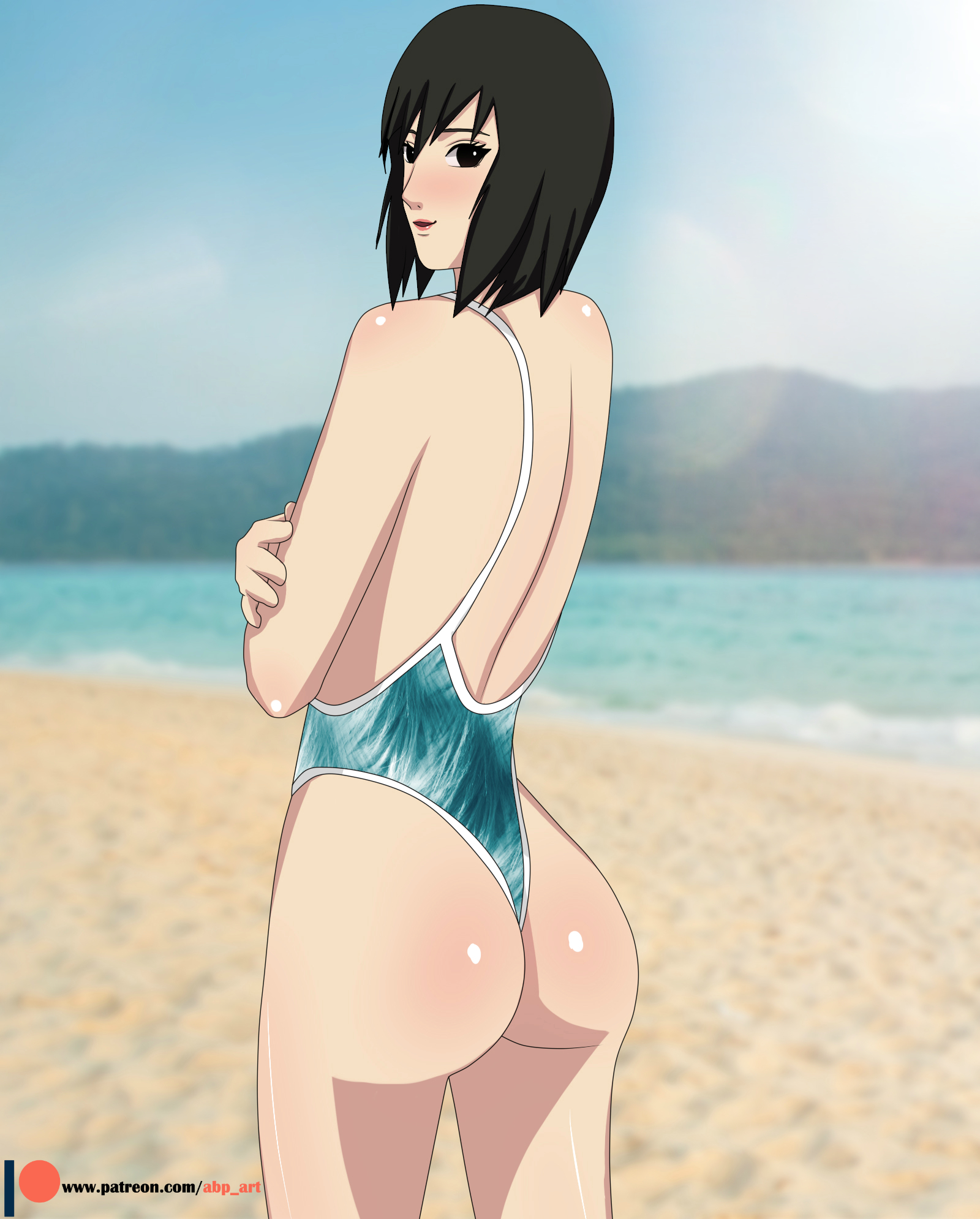 1girls, abp art, ass, beach, black eyes, black hair, blush, crossed arms, day, female, female only, lipstick, looking at viewer, looking back, naruto, naruto (series), naruto shippuden, ocean, sand, shizune, short hair, sky, smile, solo, swimsuit