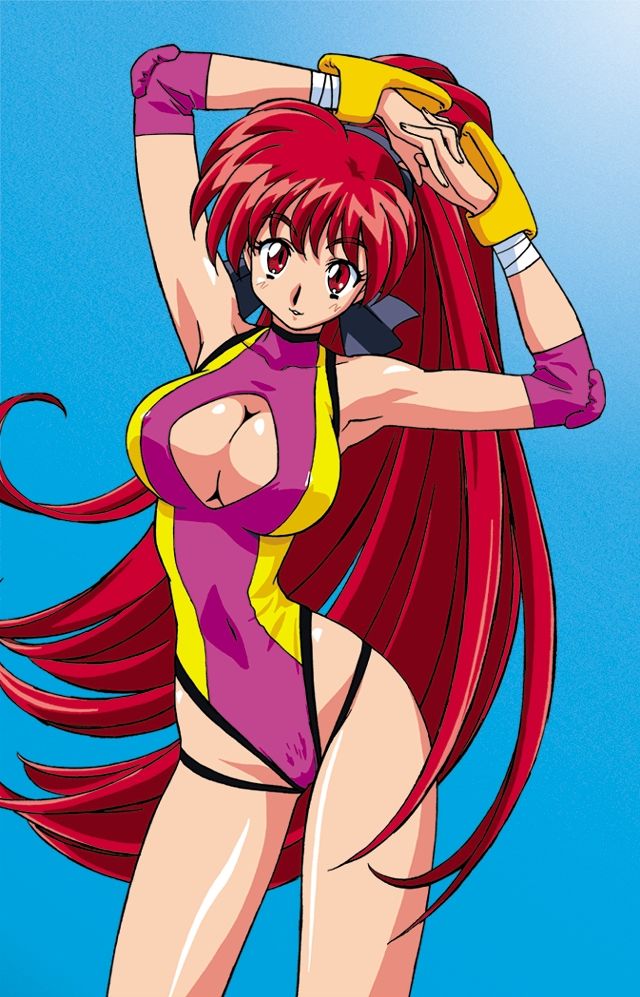 00s 1girls akira_(viper) armpits bandage bare_shoulders blue_background bow breasts center_opening cleavage clothed clothing cutout elbow_tufts eyebrows_visible_through_hair female female_only hair_ribbon highres interlocked_fingers kimura_takahiro large_breasts leotard long_hair long_ponytail matching_hair/eyes nipple_bulge official_art ponytail red_eyes red_hair ribbon simple_background smile sogna solo stretching thick_thighs thighs tied_hair very_long_hair viper_(series) viper_gtb wristband