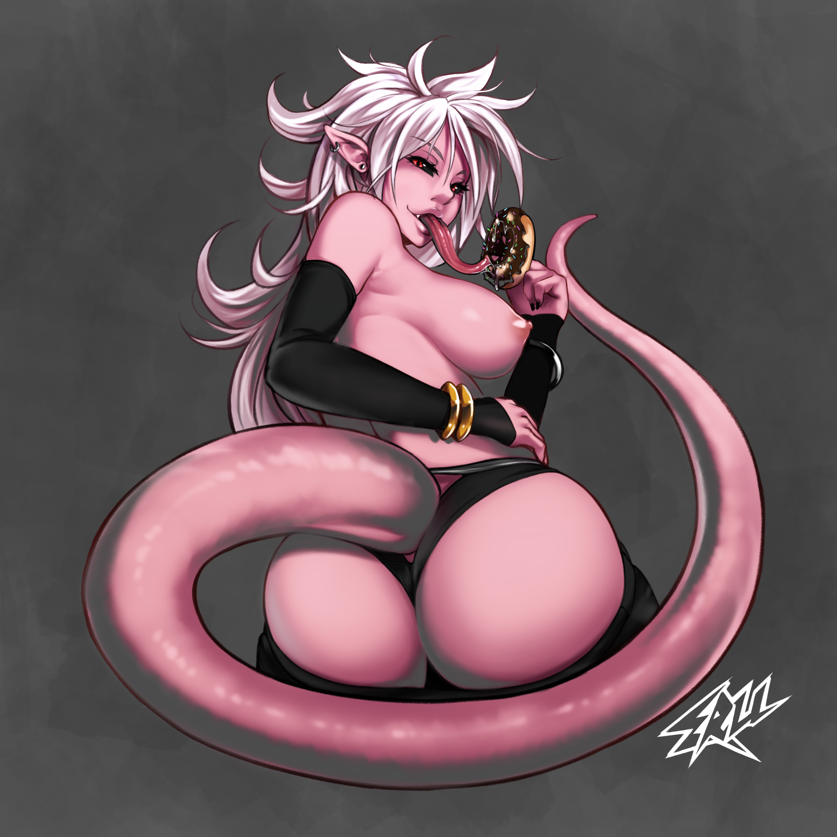 1girls, 2010s, android 21, areolae, ass, big ass, big breasts, black sclera, breasts, dark persona, dragon ball, dragon ball fighterz, eru-sama, female, female only, humanoid, large breasts, long hair, looking at viewer, looking back, majin, majin android 21, monster girl, nipples, open mouth, pink skin, pointy ears, red eyes, solo, tail, tongue, tongue out, white hair