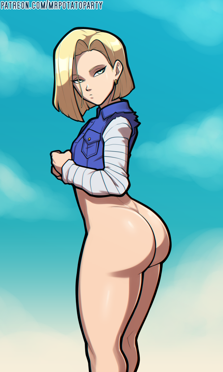 1girls, android, android 18, ass, blonde hair, blue eyes, bottomless, dragon ball, dragon ball z, female, female focus, female only, humanoid, looking at viewer, mrpotatoparty