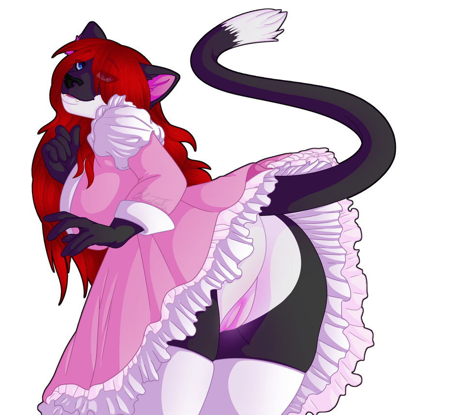 1girls alpha_channel anthro bluetashi bottomless_skirt clothing domestic_cat dress felid feline felis female female_only genitals hair kitty_(character) legwear long_hair maid_uniform mammal no_panties pussy raised_tail red_hair solo stockings uniform upskirt