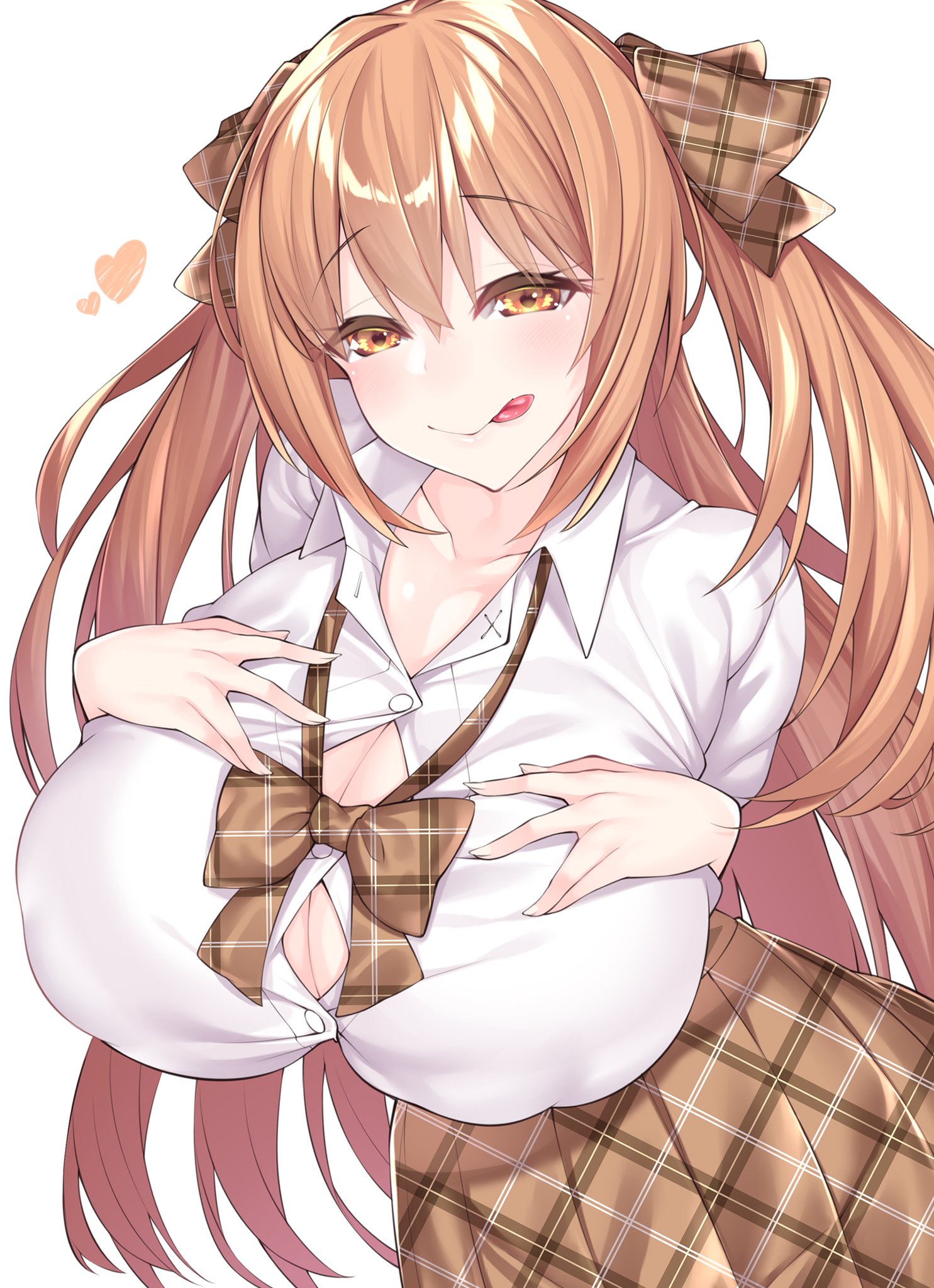 amber eyes, bowtie, breasts, brown hair, cleavage, female, hair ribbon, huge breasts, licking lips, light skin, light-skinned female, looking at viewer, original, original character, pale skin, pale-skinned female, school uniform, schoolgirl, skirt, tongue, tongue out, twintails, undersized clothes, watosu (watosu mama)