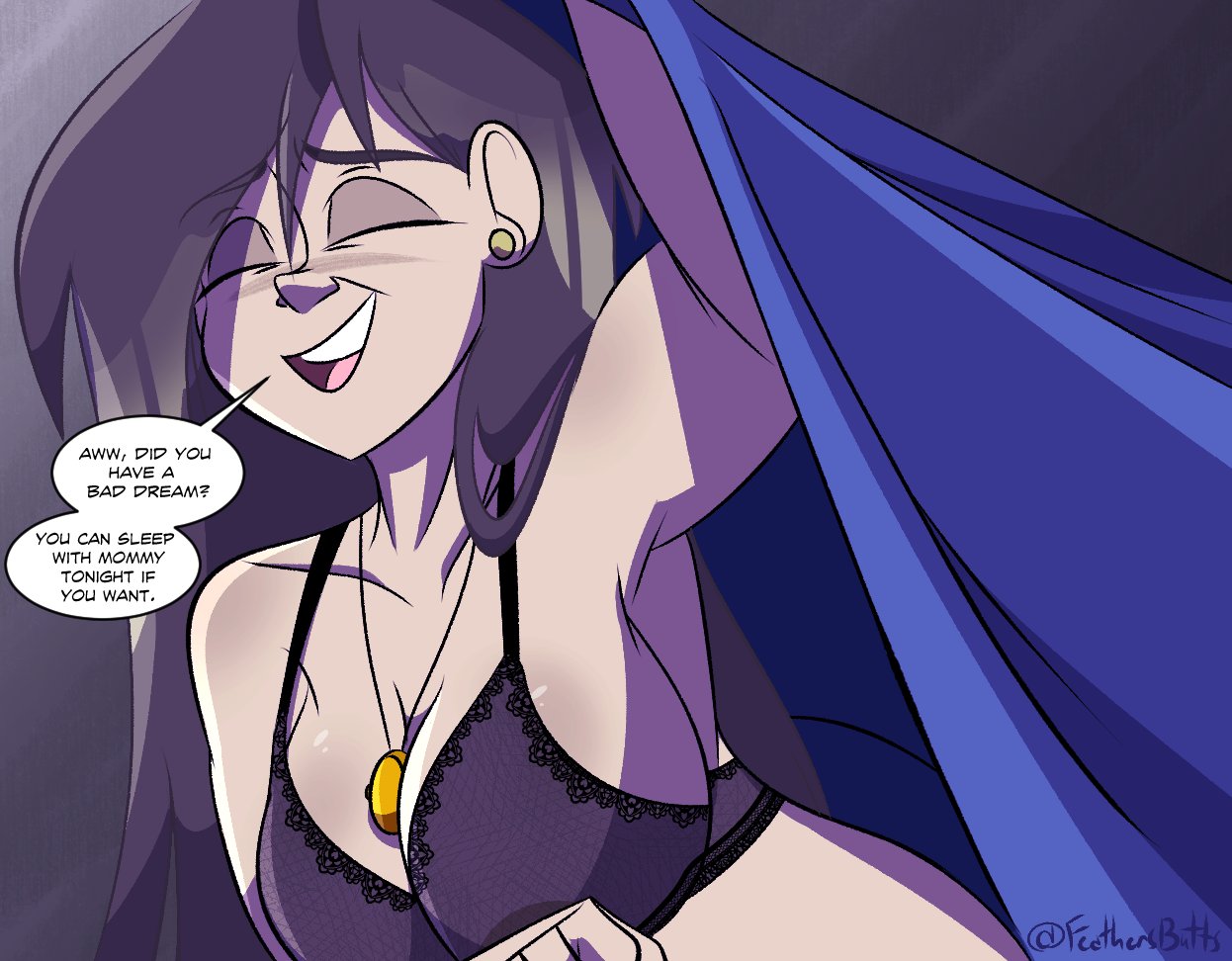 cleavage, feathers-ruffled, female, incest, milf, mom (feathers-ruffled), mother and son, original, original character, speech bubble, underwear