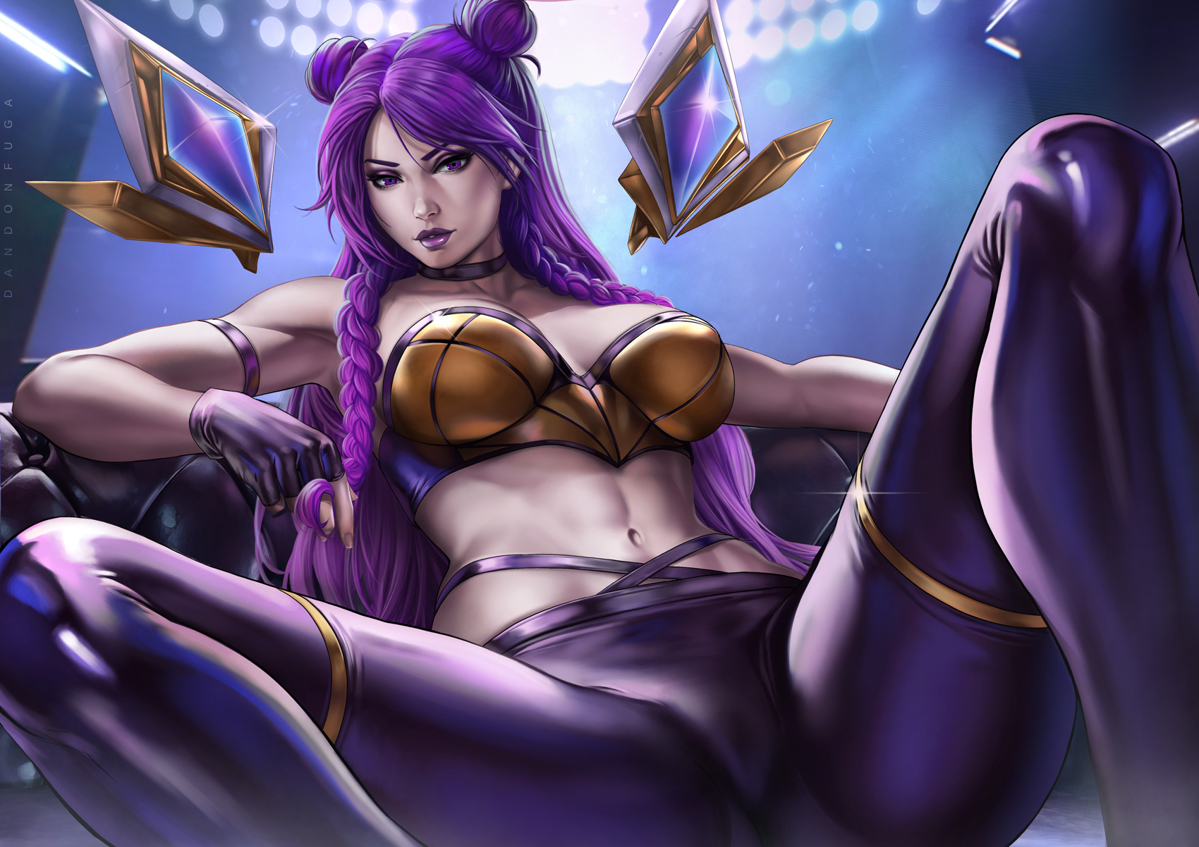 1girls, abs, big breasts, braids, breasts, cameltoe, choker, dandon fuga, female, female focus, female only, fully clothed, k/da kai'sa, k/da series, kai'sa, league of legends, looking at viewer, navel, purple hair, pussy, riot games, seductive eyes, solo, solo female, solo focus, toned, toned female, wide hips