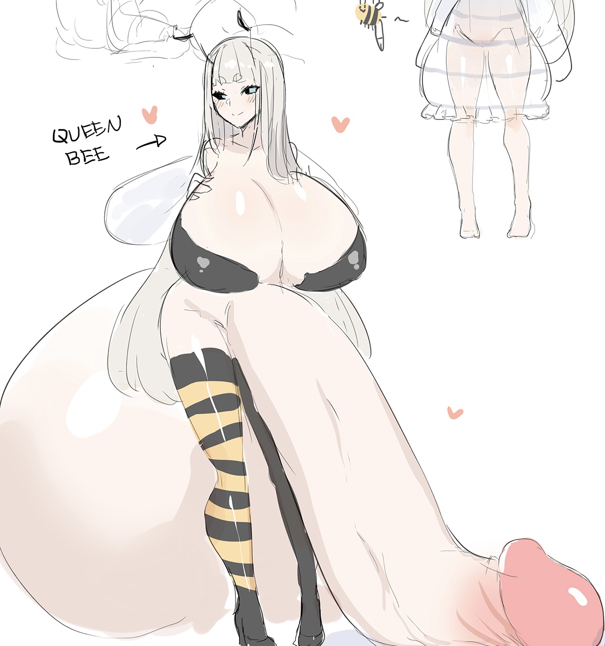 :), 1futa, antennae, backsack, balls, ballsack, bee girl, black sclera, blush, breasts, female, flaccid, futa only, futanari, high heels, huge balls, huge breasts, huge cock, hyper balls, hyper penis, insect girl, intersex, long hair, original, original character, penis, queen, red potato rinrin, silver hair, sketch, solo futa, testicles, thigh boots, thighhighs, uncensored, white hair, wings