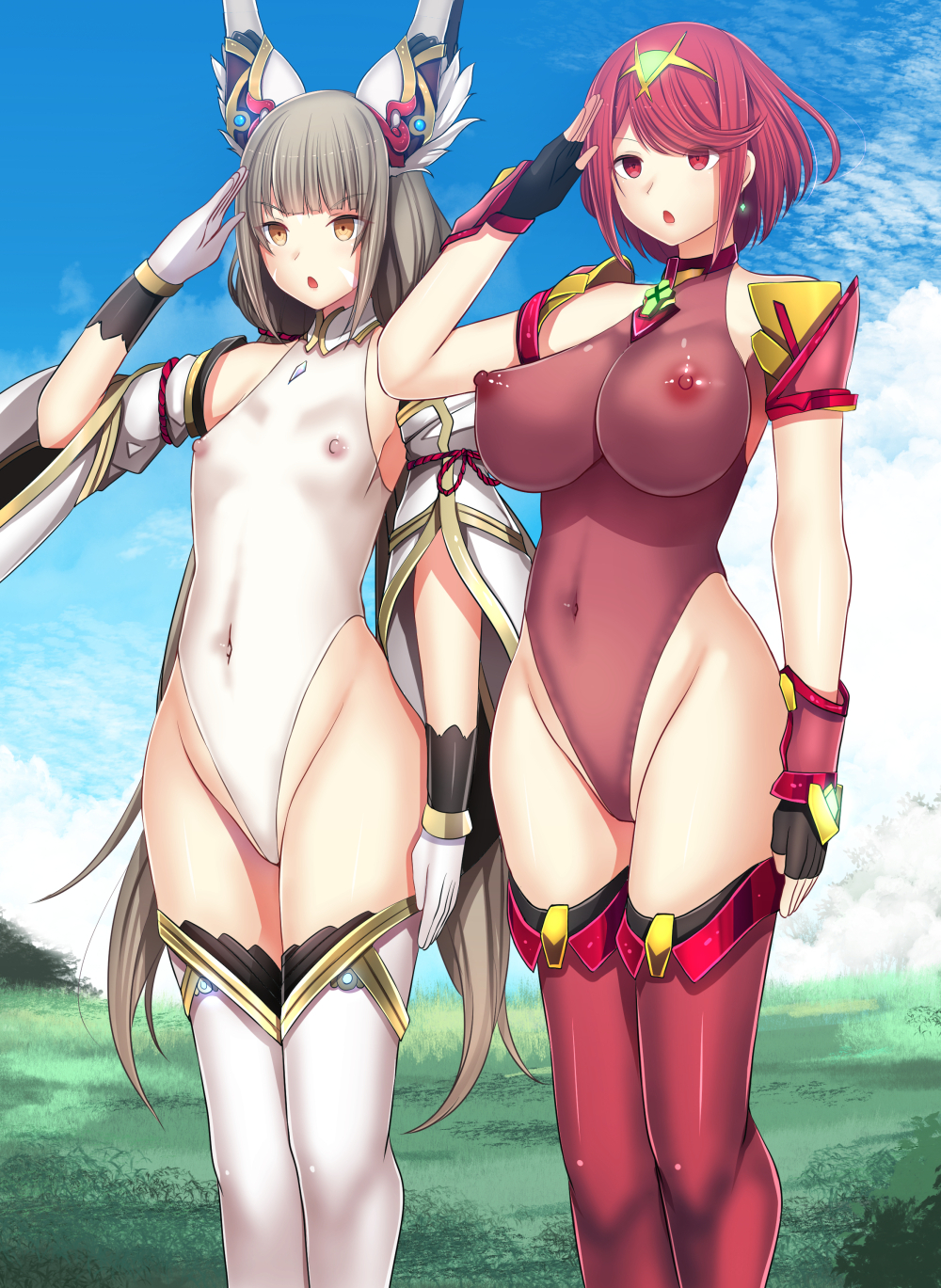 2girls alternate_version_available animal_ears belly_button big_breasts bodysuit brainwashing daiaru detached_leggings detached_sleeves detailed_background erect_nipples erect_nipples_under_clothes female fingerless_gloves gloves hair_ornament leggings leotard long_hair multiple_girls multiple_images nia nia_(blade) nia_(xenoblade) nipple_bulge one-piece_swimsuit outdoors pyra red_eyes salute short_hair shoulder_pads small_breasts standing transparent_clothing xenoblade_(series) xenoblade_chronicles_2 yellow_eyes