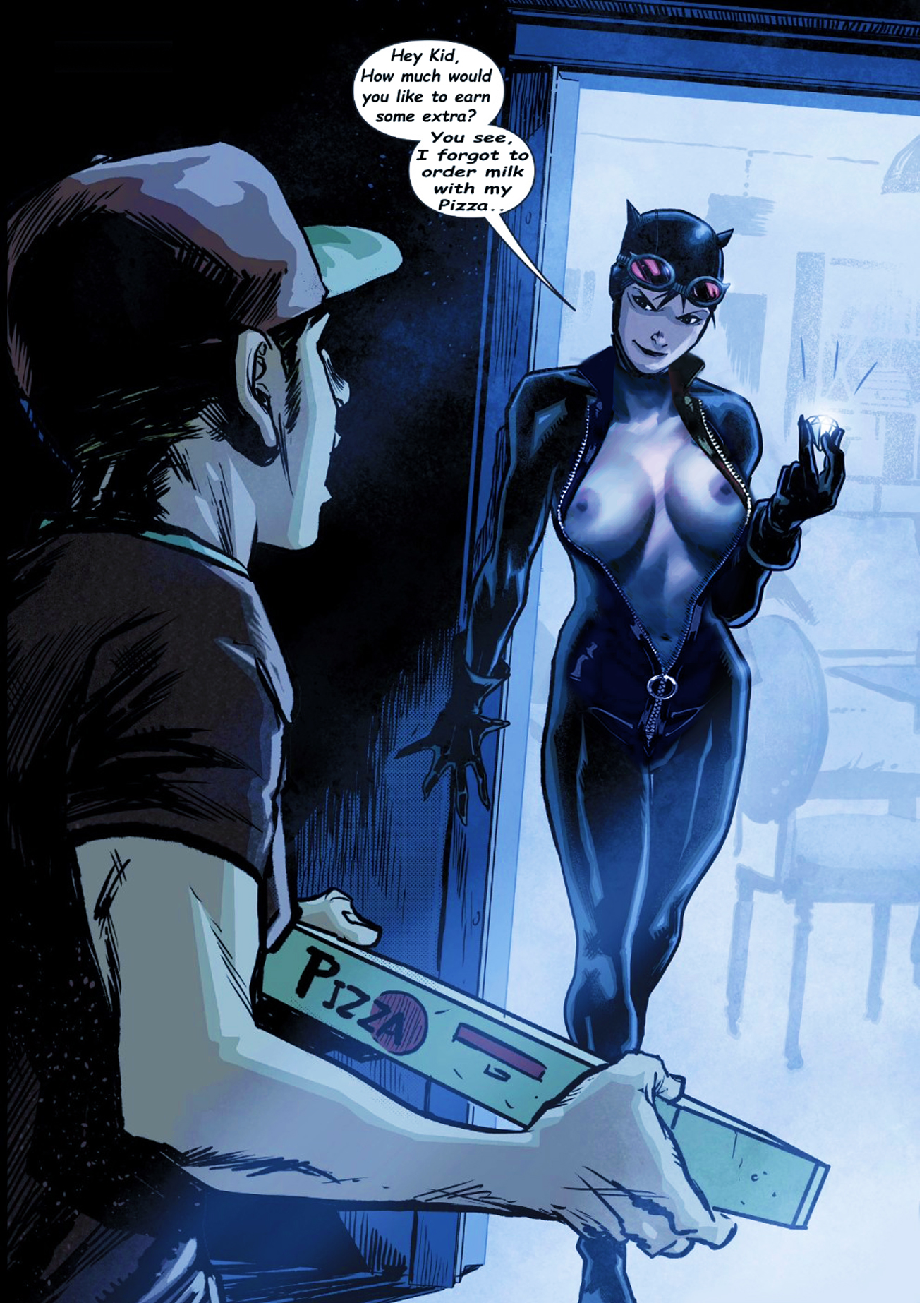 age difference, allen passalaqua, batman (series), bodysuit, breasts, bribe, cap, catsuit, catwoman, dc, dc comics, dialogue, diamond, edit, exposed breasts, female, male, open mouth, photoshop, pizza, pizza boy, roge antonio, selina kyle, shocked, temptation, text, unzipped, unzipped bodysuit, younger male, zipper pull tab