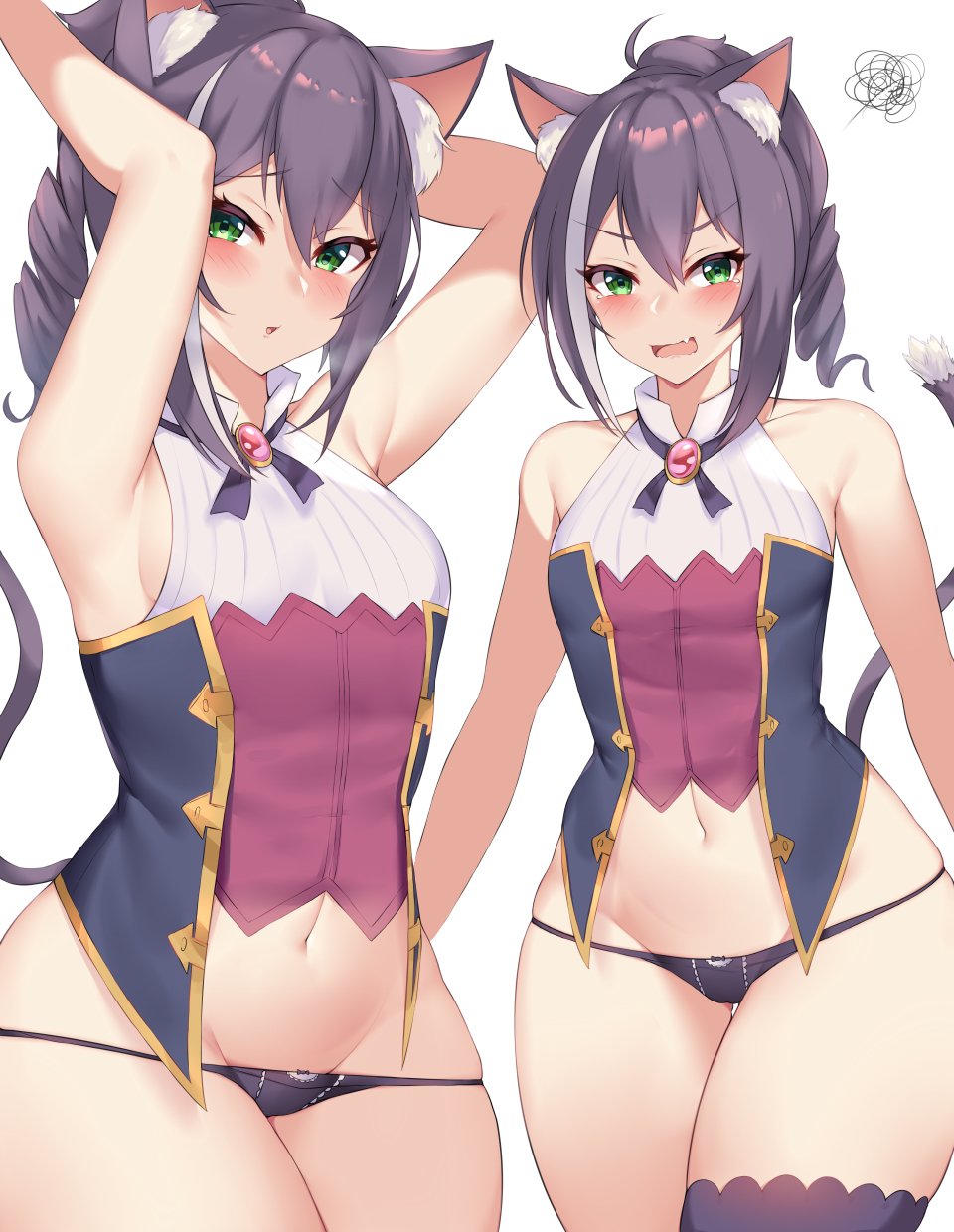 animal ears, armpits, blush, breasts, female, green eyes, kuavera, kyaru (princess connect), large breasts, open mouth, panties, princess connect!, princess connect! re:dive, purple hair, sideboob, tagme, tail, thick thighs, wide hips