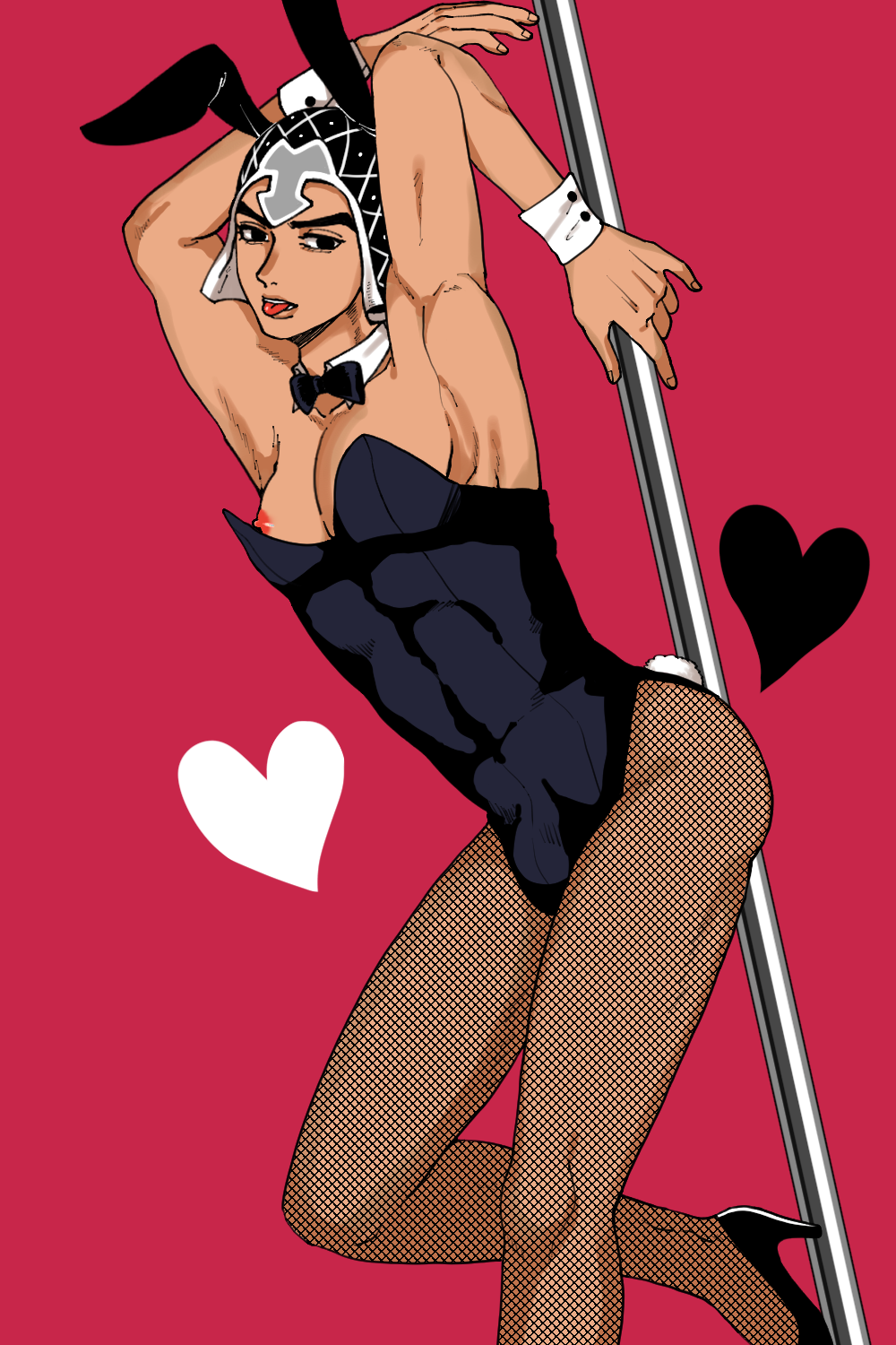 1boy 2020 alternate_costume armpits arms_up ass big_ass black_eyes bulge bunny_boy bunny_ears bunny_tail bunnysuit clothed clothing crossdressing fake_animal_ears fishnet_pantyhose fishnets guido_mista heart helmet high_heels highres jojo's_bizarre_adventure leotard looking_at_viewer male male_only neckerchief nipple_slip nipples open_mouth pantyhose pole pole_dancing ryugmin seductive simple_background solo teeth thighs tongue tongue_out vento_aureo wrist_cuffs