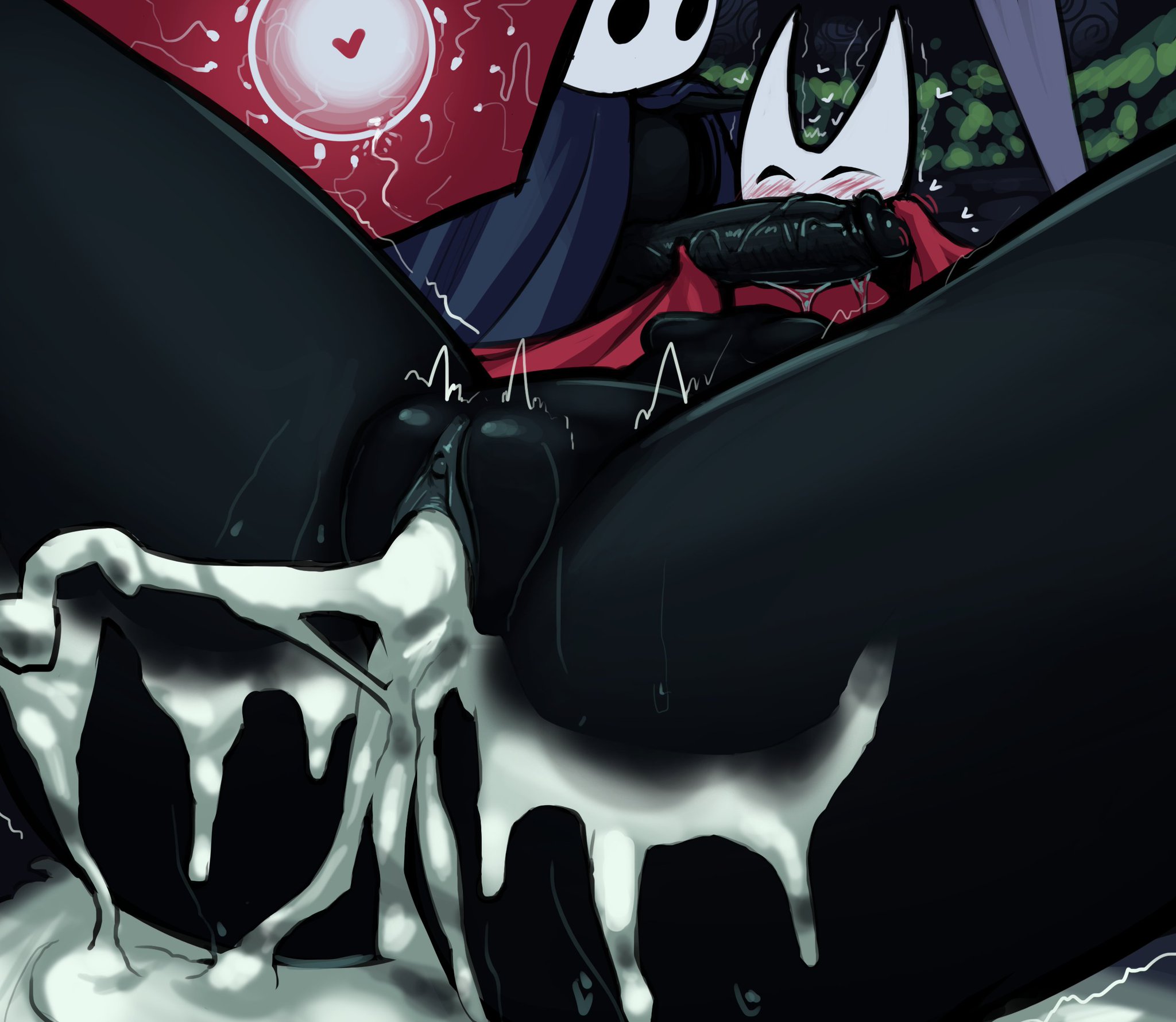 1boy, 1girls, after sex, anthro, background, big penis, blush, boxman, breasts, cum, cum in pussy, excessive cum, female, hollow knight, hornet (hollow knight), impregnation, inbreeding, incest, legs spread, looking pleasured, male, male/female, ovum, penis, pussy, siblings, straight, the knight (hollow knight), trembling