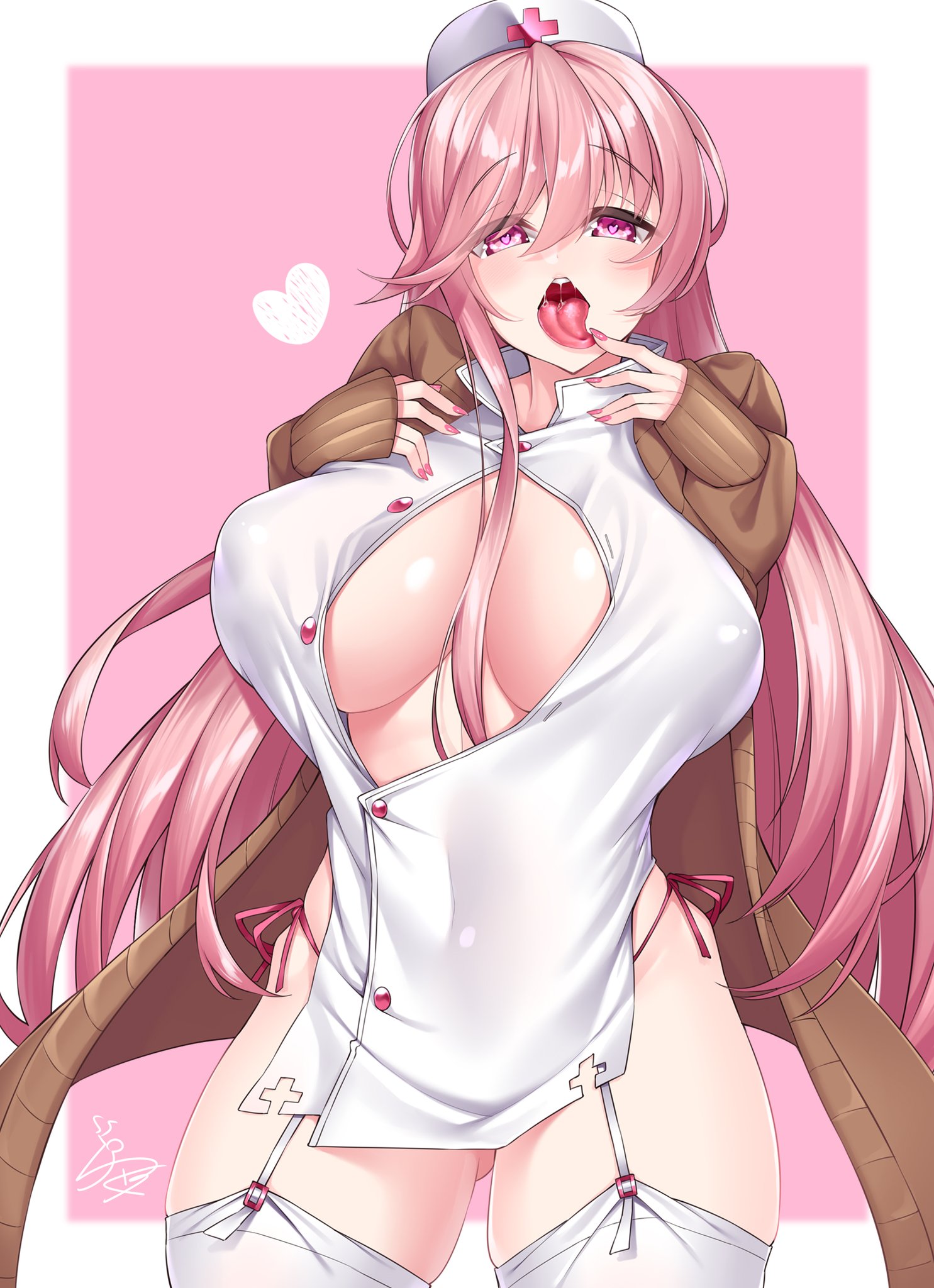 1girls, ass visible through thighs, breasts, cleavage, curvy, eyebrows visible through hair, female, hand to own mouth, heart-shaped pupils, huge breasts, jennalynn (boobydoody64), light skin, light-skinned female, looking at viewer, nipple bulge, nurse, nurse cap, open mouth, original, pink eyes, pink hair, side-tie panties, sweater, thick thighs, thighhighs, tongue, tongue out, watosu (watosu mama)