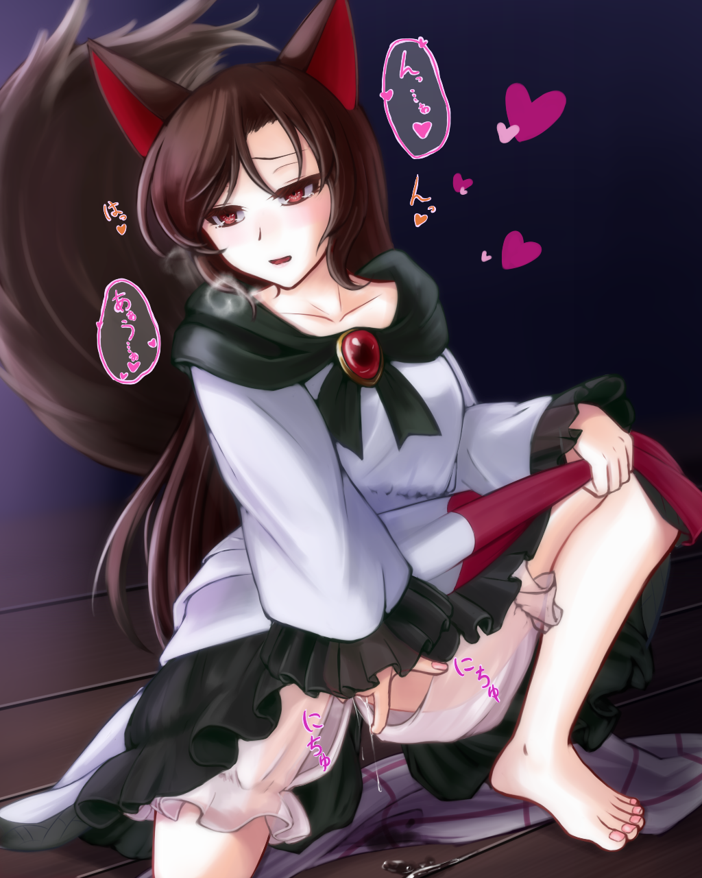 animal_ears bangs barefoot bloomers bloomers_(victorian) breasts brooch brown_hair crotchless crotchless_bloomers dress feet fingering frilled_dress frilled_sleeves frills heart heavy_breathing highres jewelry kagerou_imaizumi lifted_by_self long_hair long_sleeves looking_to_the_side masturbation medium_breasts open_mouth pussy_juice pussy_juice_puddle pussy_juice_stain red_eyes riria_(liry_a_flower) skirt skirt_lift speech_bubble spoken_heart squatting tail tail_raised toes touhou underwear werewolf white_dress wide_sleeves wolf_ears wolf_tail wooden_floor