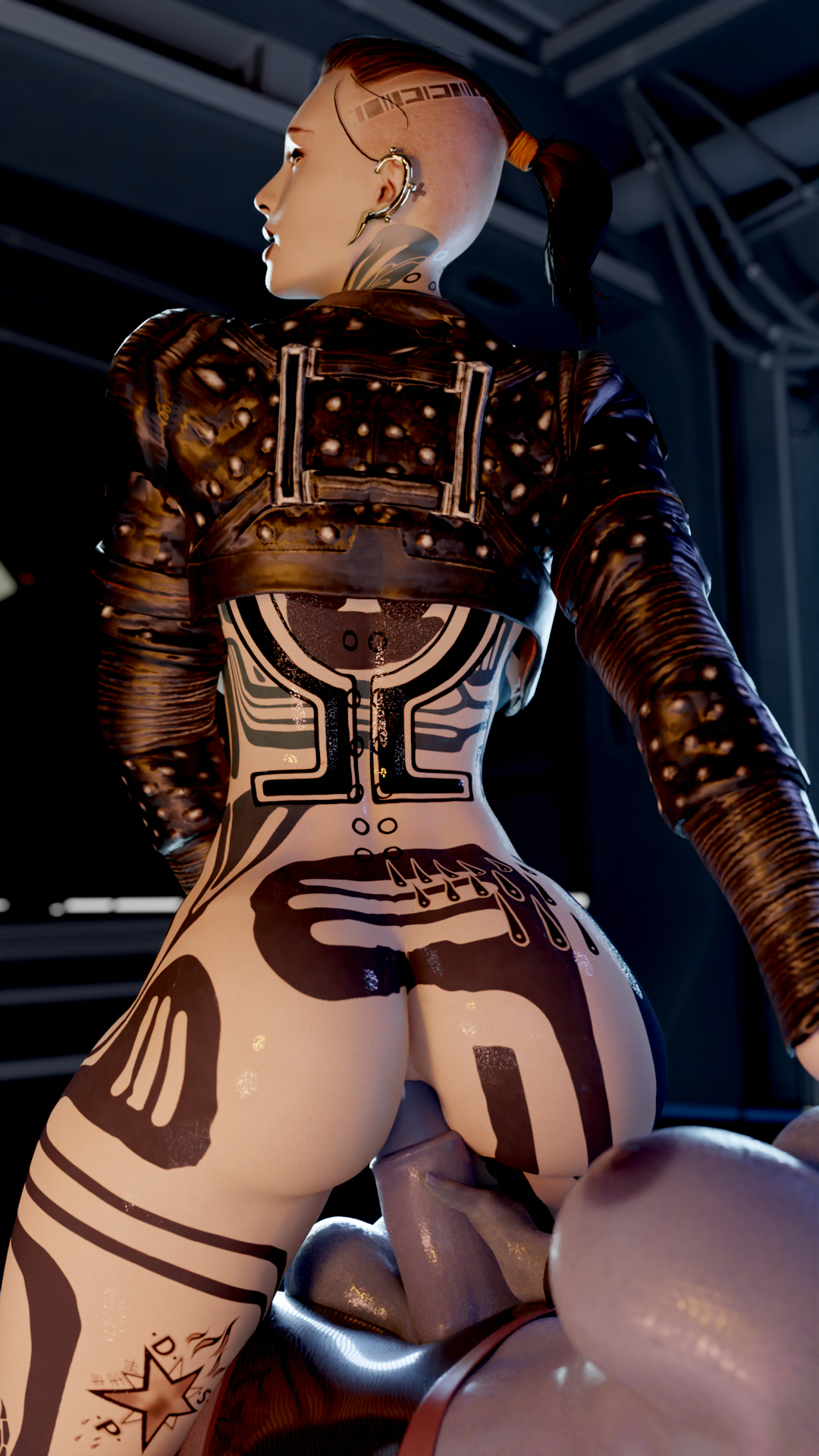 1futa, 1girls, 3d, anal, anal penetration, animal genitalia on humanoid, asari, asari futa, bioware, black hair, black lipstick, brown eyes, brunette, eyeshadow, female, futa on female, futanari, horsecock, horsecock on humanoid, intersex, interspecies, jack (mass effect), liara t'soni, looking back, mass effect, mass effect 3, penis, pleasure face, ponytail, punk, reverse cowgirl position, riding, scrappy-coco, shaved side, shaved sides, skinny, subject zero, sweat, tattoo, tattoos