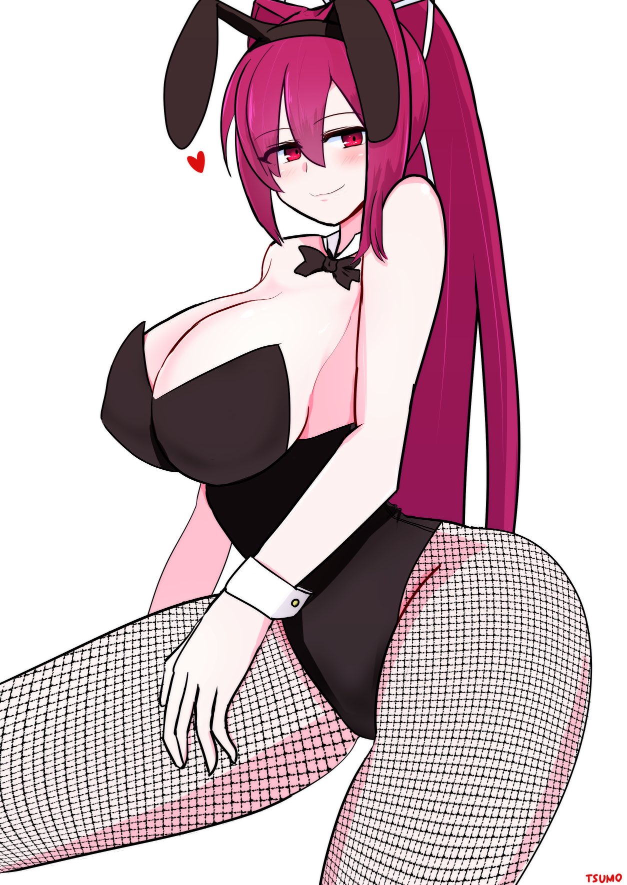 bacantshift1st, big breasts, breasts, bunny ears, bunny girl, bunnysuit, female, female only, fishnet pantyhose, leotard, long hair, nipples, nipples visible through clothing, pantyhose, ponytail, red eyes, red hair, solo, solo female, solo focus, thick thighs, under night in-birth, yuzuriha (under night in-birth)